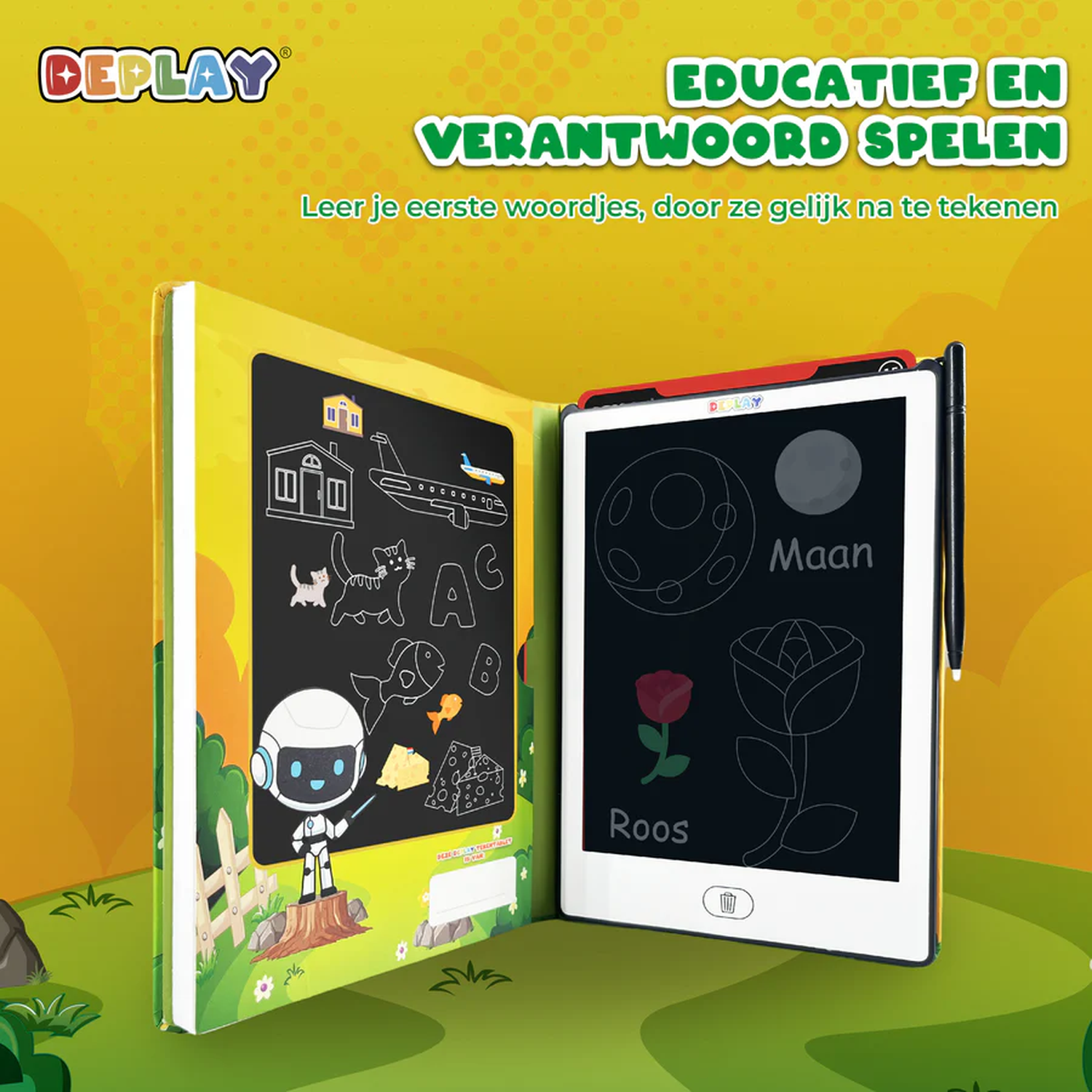 An open children's drawing book with drawings of a house, airplane, cat, fish, robot, cheese and a rose, moon, and the word 'Maan'.