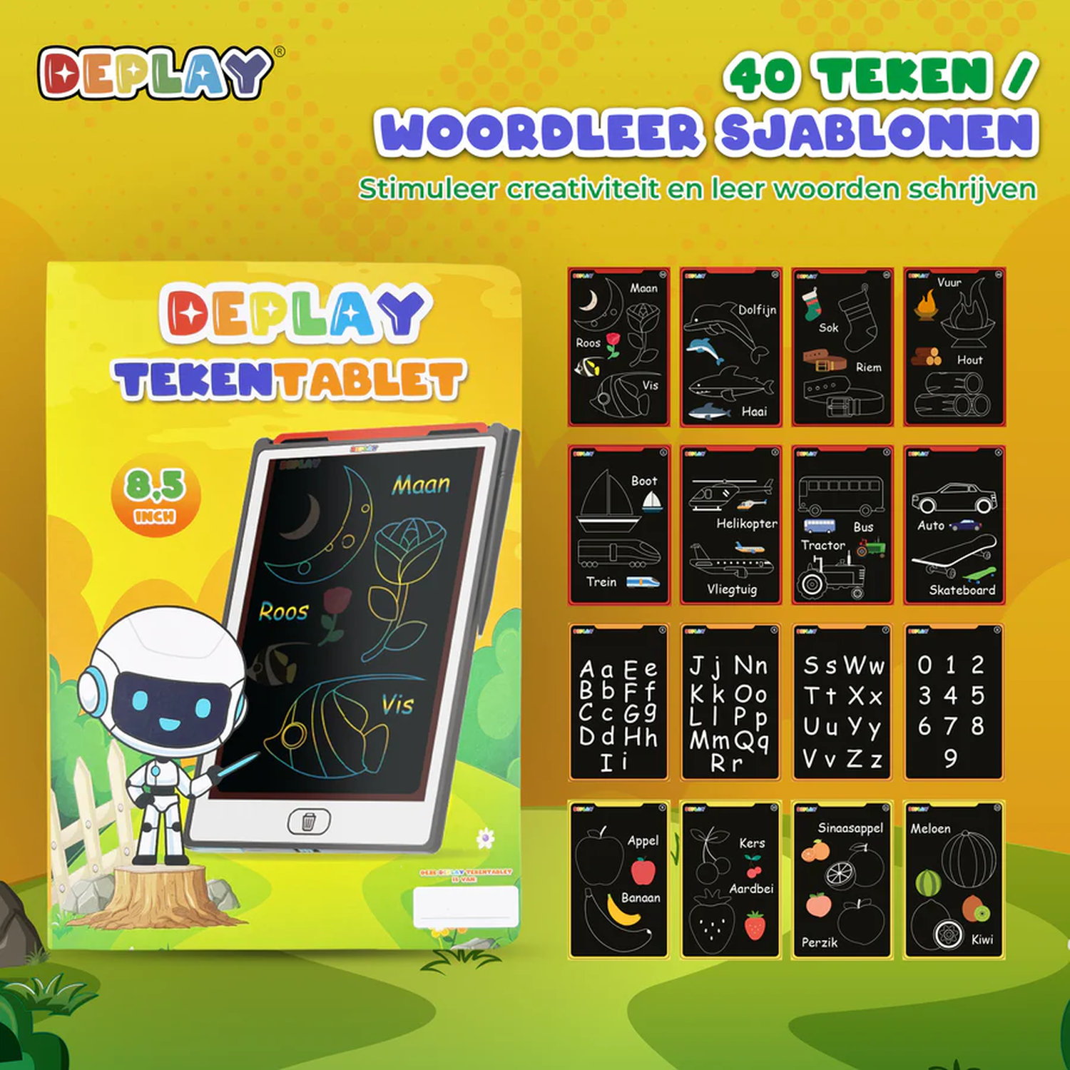 A Deplay drawing tablet, with a robot, a fence, and cards with drawings and letters. The background is yellow.