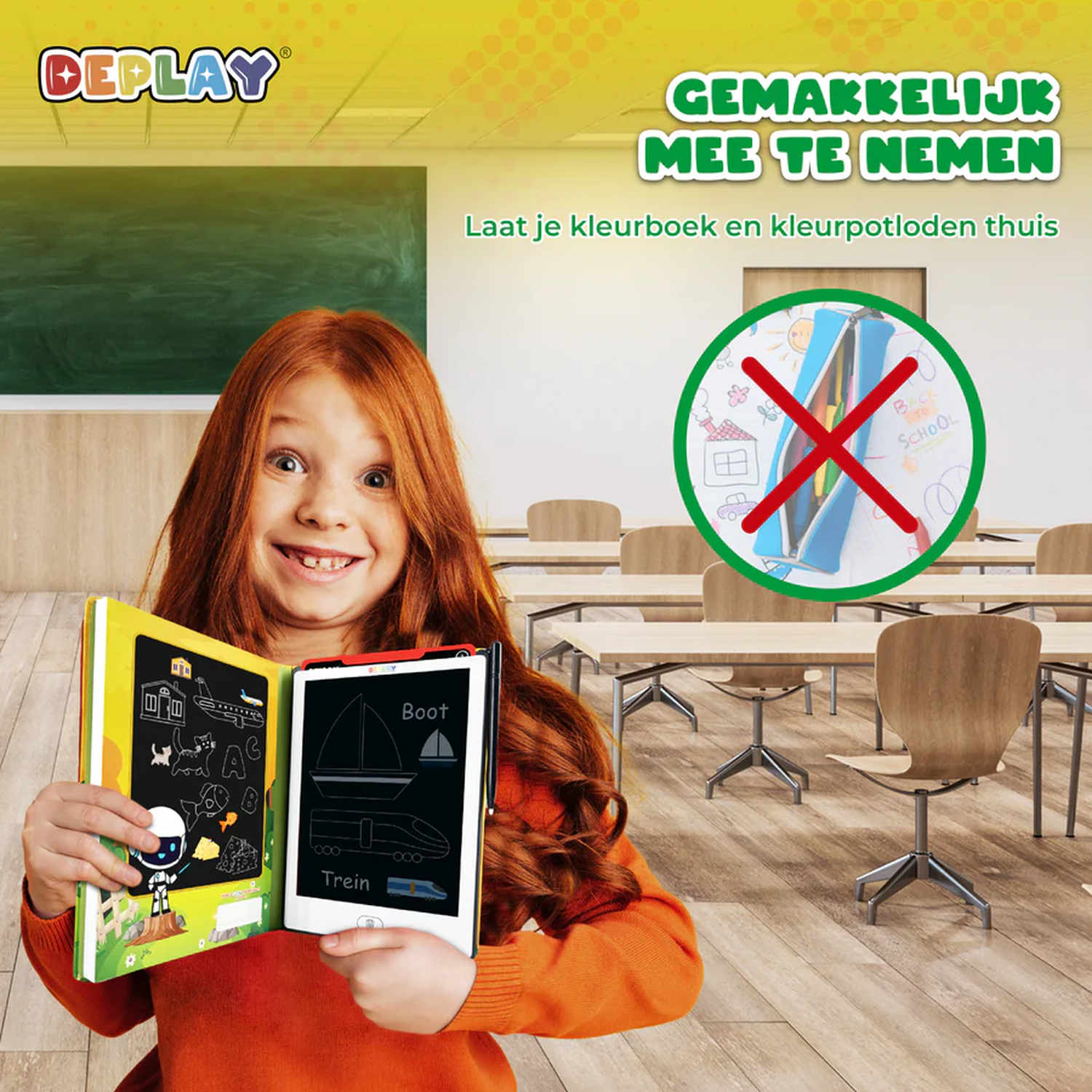 A girl holds an open book and a tablet. A chalkboard and school desks are in the background. Text says 'Easy to take with you'.
