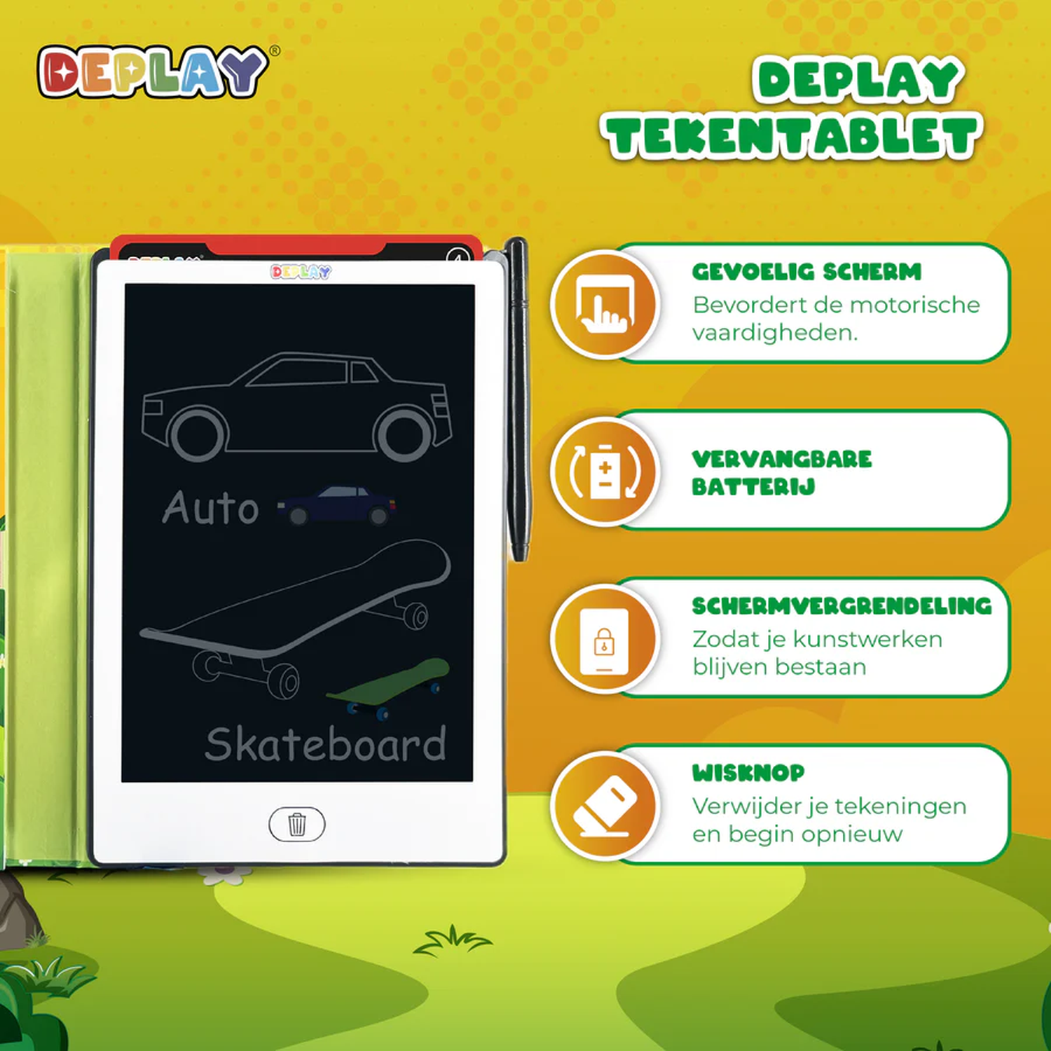 An advertisement for a Deplay drawing tablet. It shows drawings of a car and skateboard. Features include a sensitive screen and replaceable battery.