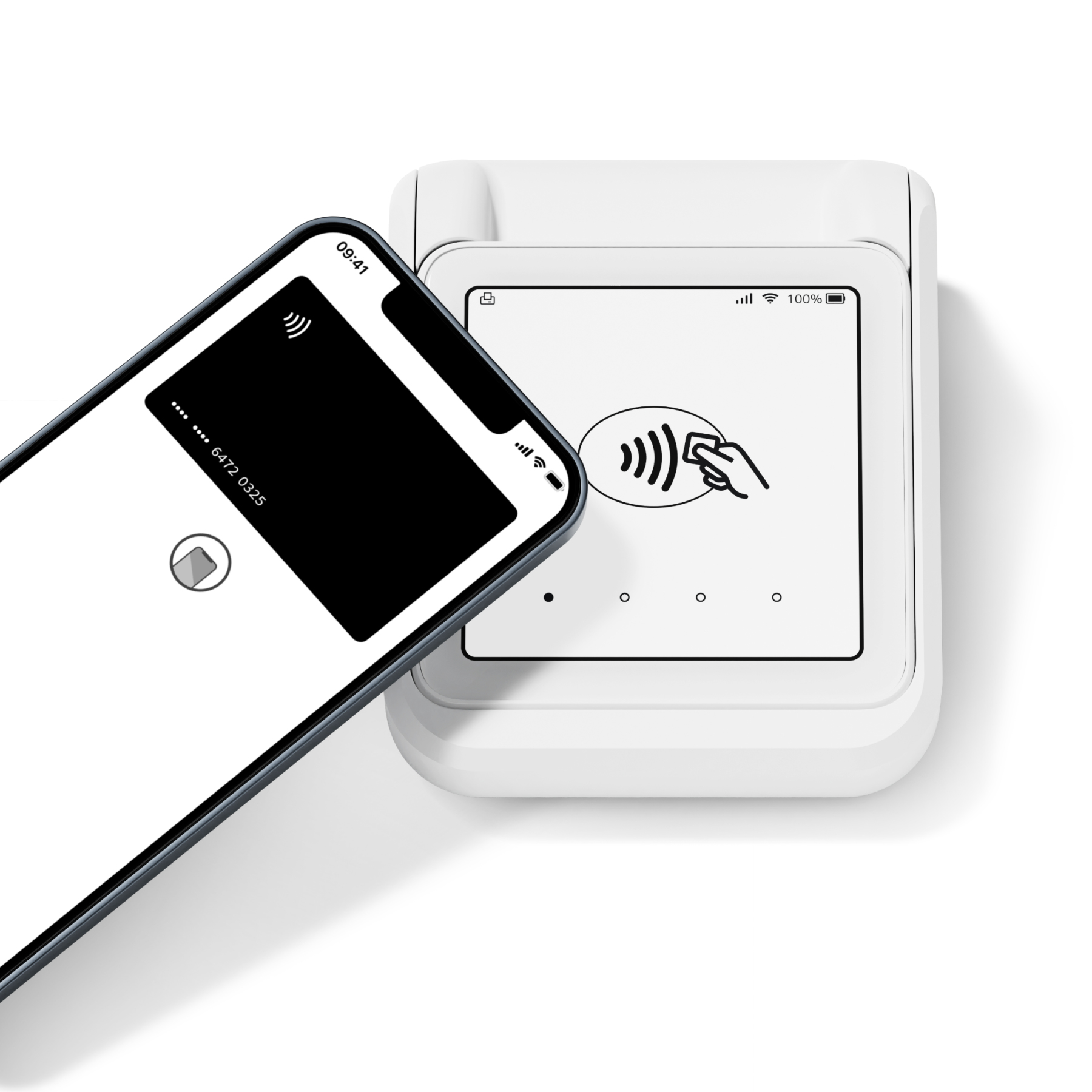 Un teléfono inteligente muestra una tarjeta y está cerca de una terminal de pago blanca. Se está realizando una transacción NFC.