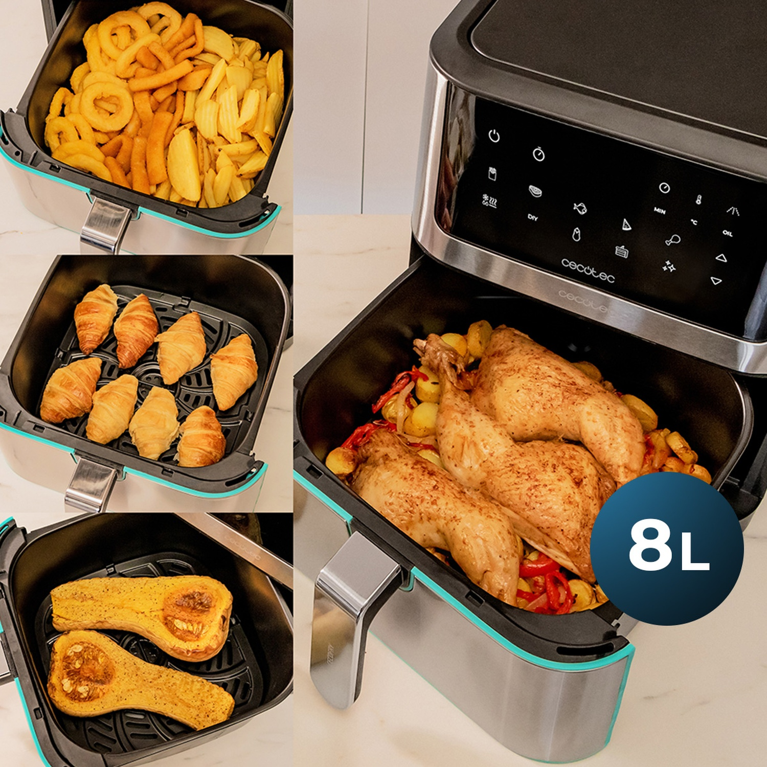 Una friggitrice ad aria con cibo cotto all'interno, tra cui pollo, verdure e pasticcini. La capacità è di 8L. Ci sono anche patatine fritte.