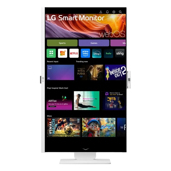 Le moniteur intelligent LG affiche l'interface webOS avec des icônes d'applications. Sports, Jeux, Netflix, Prime Video, Disney+ sont visibles, avec des recommandations.