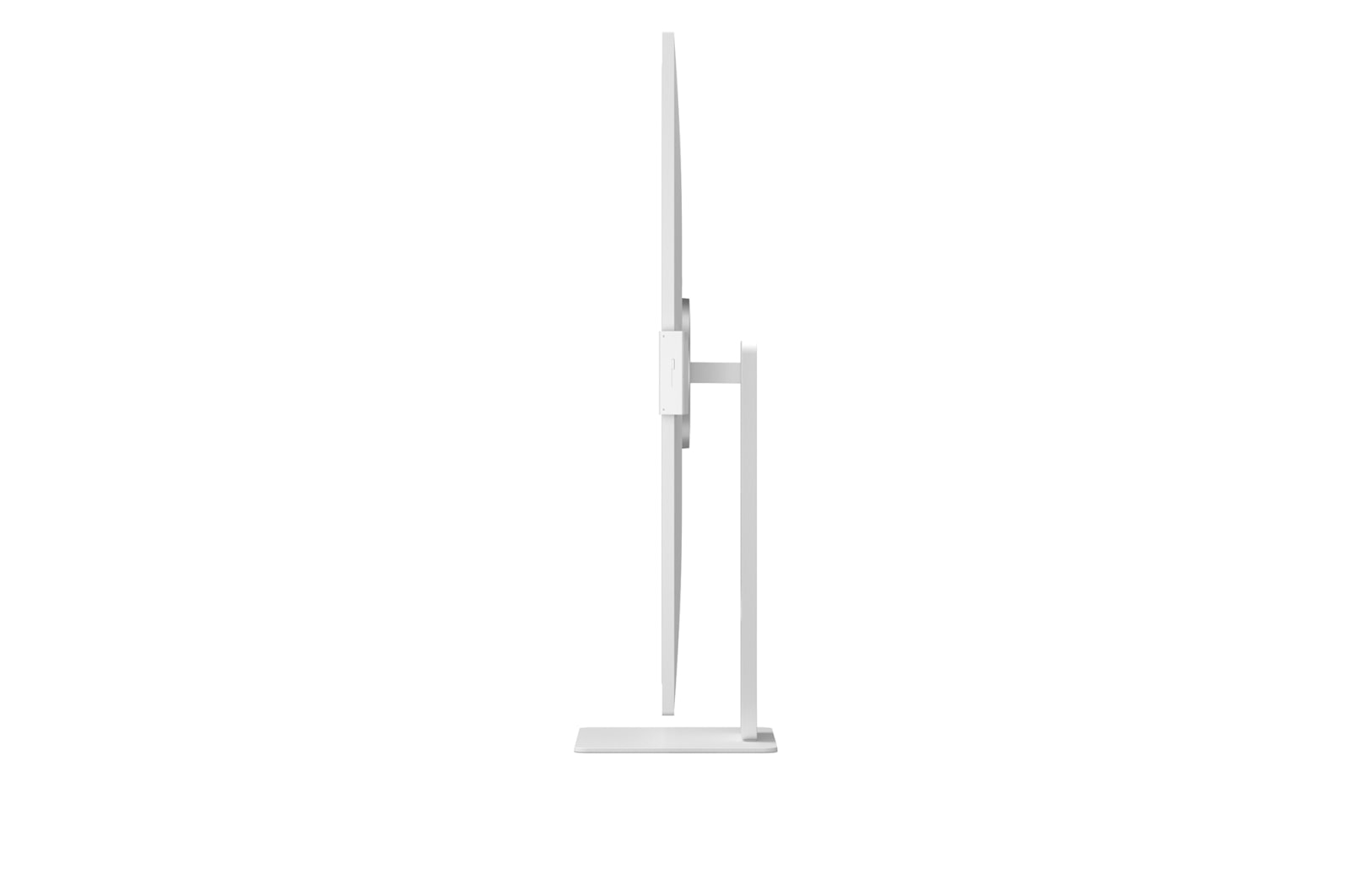 Vue latérale d'un moniteur d'ordinateur blanc. Il repose sur une base blanche avec un support blanc.