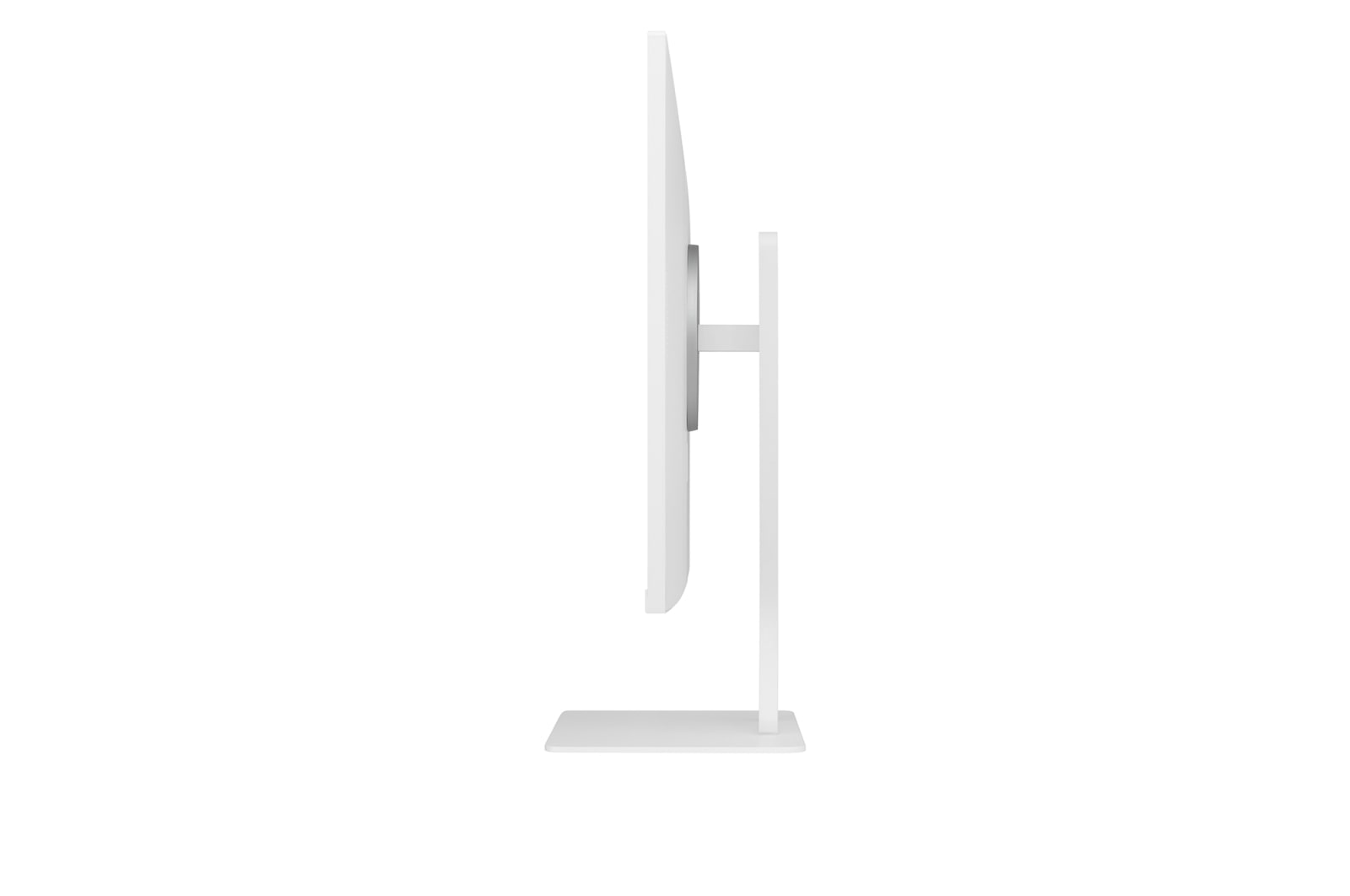 Un écran d'ordinateur blanc vu de côté. Il a un cadre fin et une base rectangulaire, tout blanc, sur fond blanc.