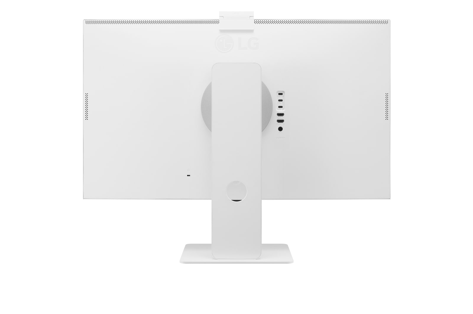 Arrière d'un moniteur LG blanc. Il a un pied, une colonne centrale avec ports et une webcam en haut.