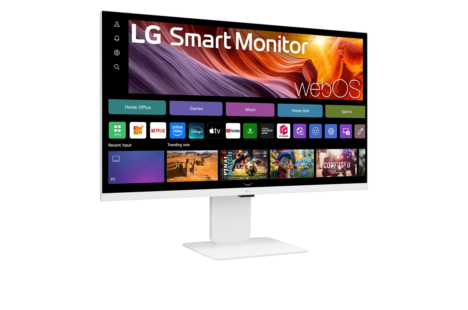 Un moniteur LG Smart blanc affiche l'interface webOS. Des icônes d'applications comme Netflix, YouTube et Disney+ sont visibles.