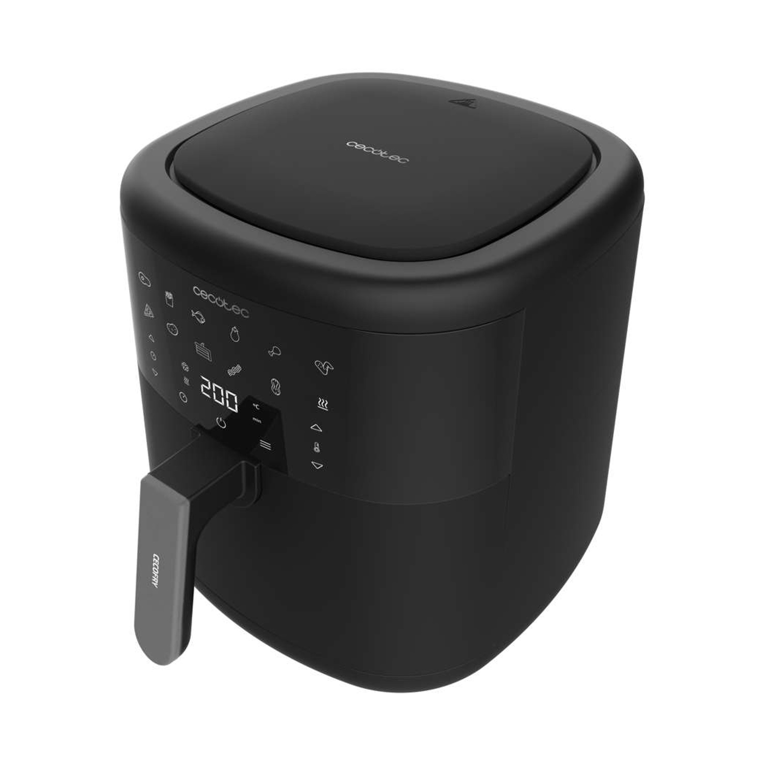 Una friggitrice ad aria Cecotec nera. Ha un display digitale con la temperatura. Sono visibili una maniglia e un pannello di controllo. Lo sfondo è bianco.