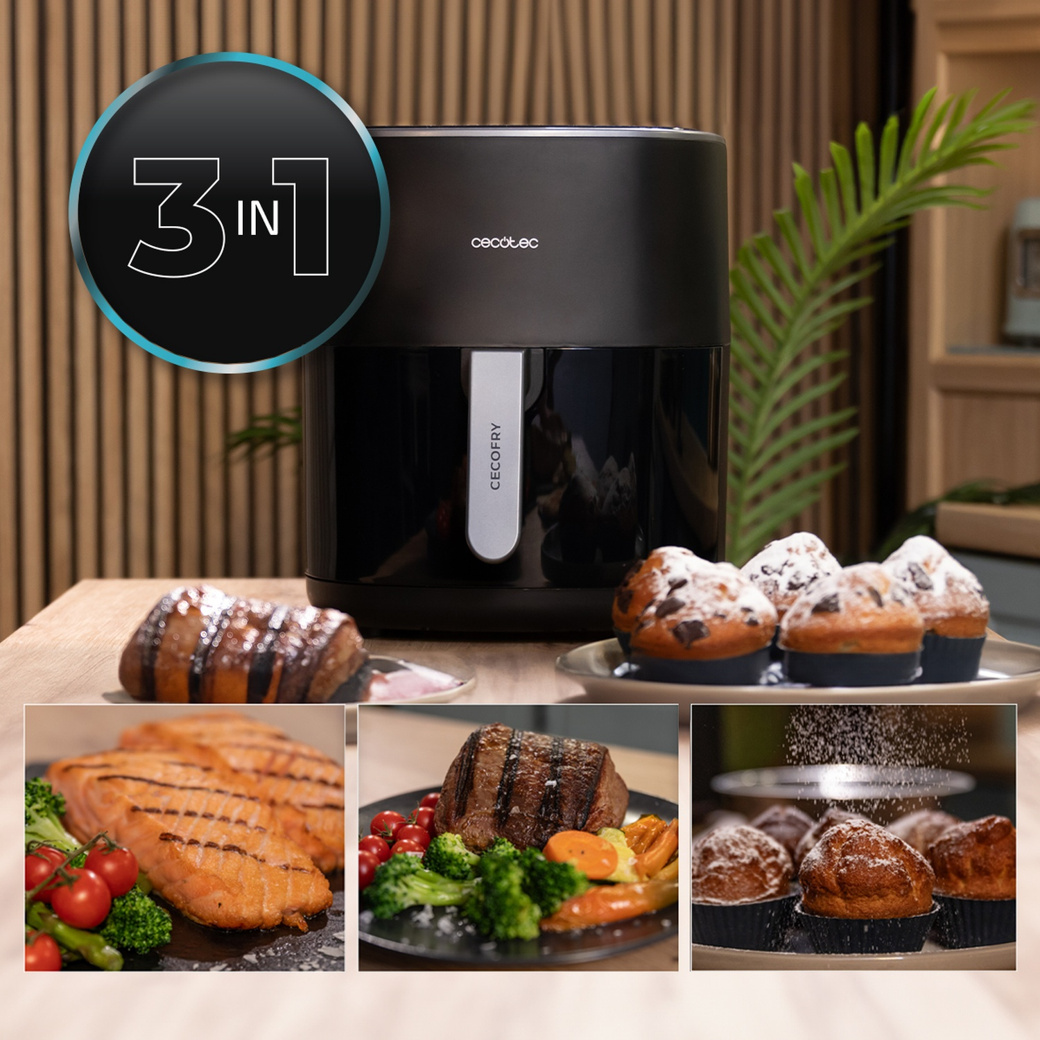 Una friggitrice ad aria con campioni di cibo: croissant, salmone, bistecca, muffin. Ha un'etichetta 3-in-1. Lo sfondo include una pianta e un pannello di legno.