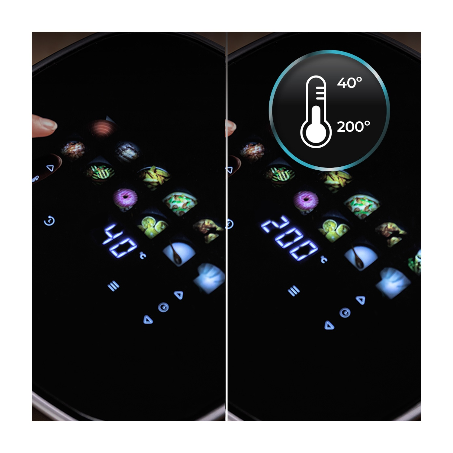Un display di una friggitrice ad aria mostra 40°C, poi 200°C. Una mano tocca lo schermo. Vengono visualizzate icone di cibo.