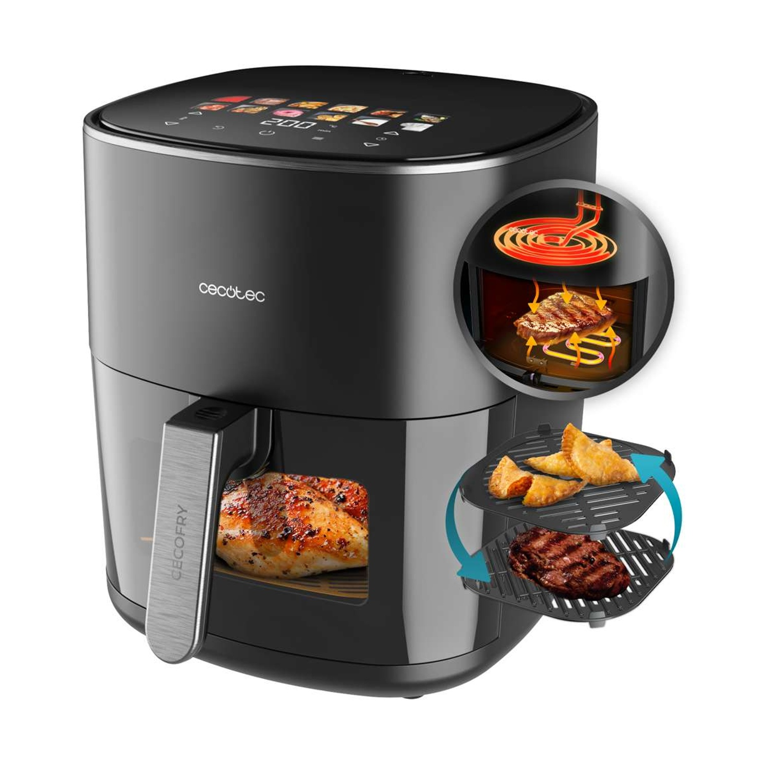 Friggitrice ad aria nera con cibo all'interno. Include primi piani di carne e pasticcini. Il marchio è Cecotec.