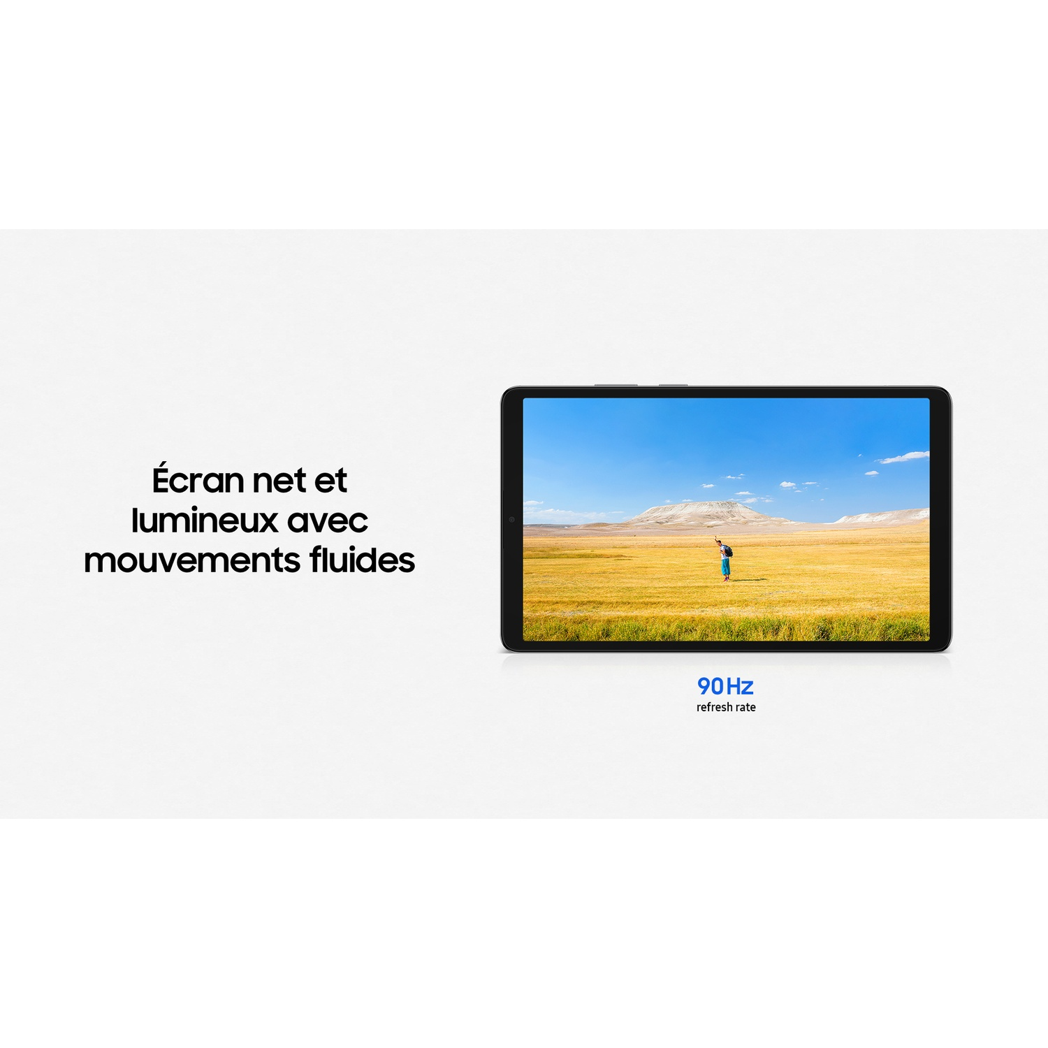 Tablette affichant un paysage : ciel bleu, champ jaune, montagnes et personne. Texte : Écran net et lumineux avec mouvements fluides.