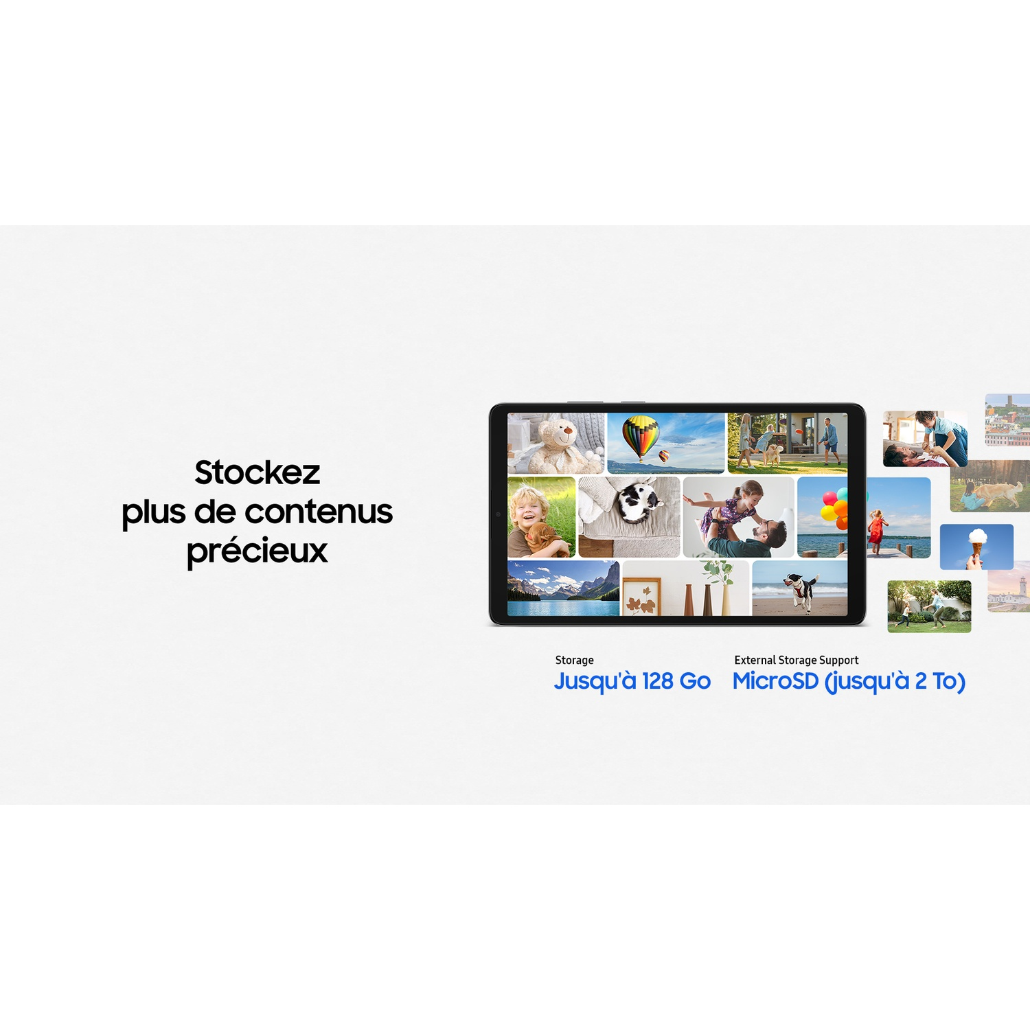 Une tablette affiche diverses images. Le texte dit 'Stockez plus de contenus précieux', avec détails de stockage : jusqu'à 128 Go et MicroSD jusqu'à 2 To.