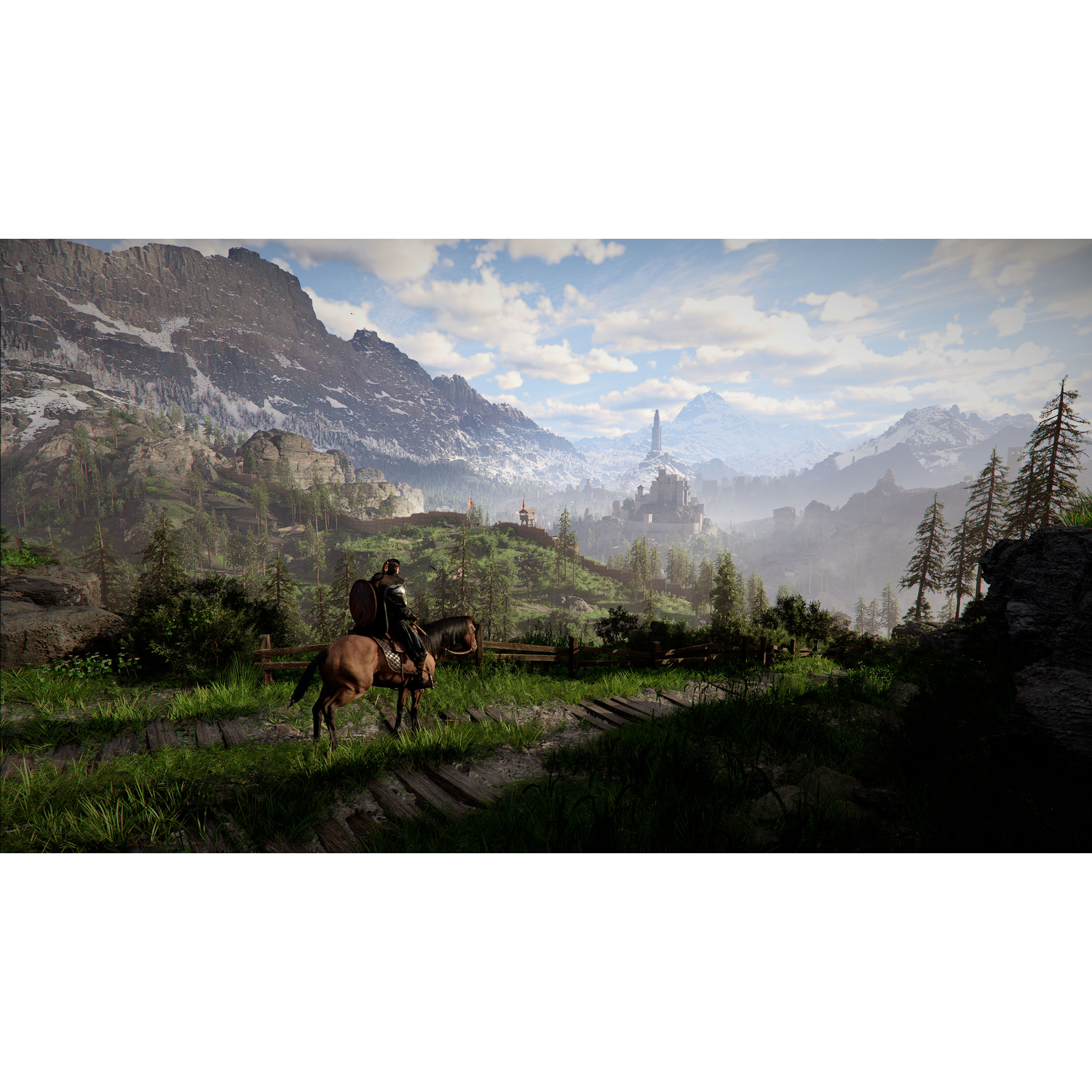 A knight rides a brown horse through a mountainous landscape. Snow-capped mountains and a castle are visible in the distance.