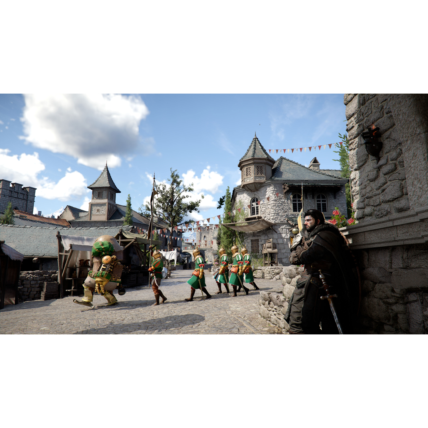 A medieval town scene. Figures in green and gold uniforms march. A man with a sword stands by a stone wall. Buildings with towers line the street.