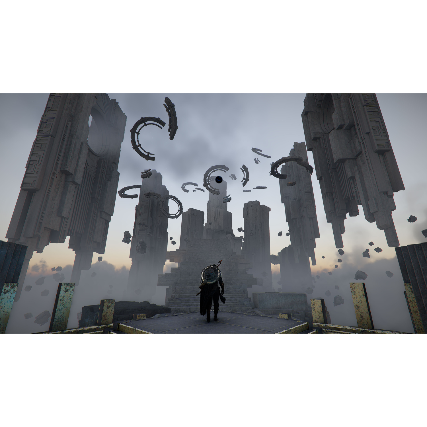 A figure walks towards a stone structure, surrounded by floating debris and archways, against a cloudy sky backdrop.