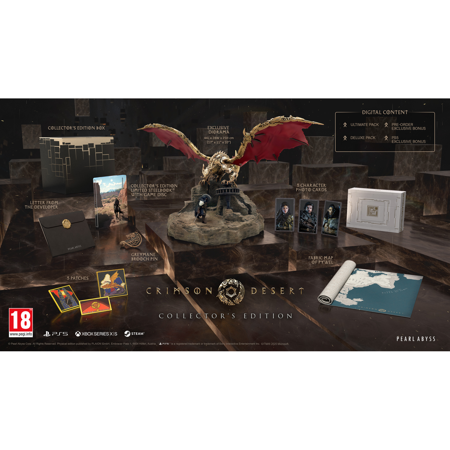 Collector's Edition box with a dragon diorama, game disc, patches, and map. Includes digital content details.