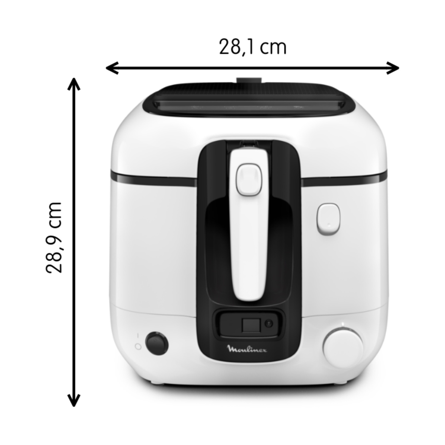 Una friggitrice Moulinex bianca e nera con dimensioni indicate. Ha maniglia, pulsanti e pannello di controllo.