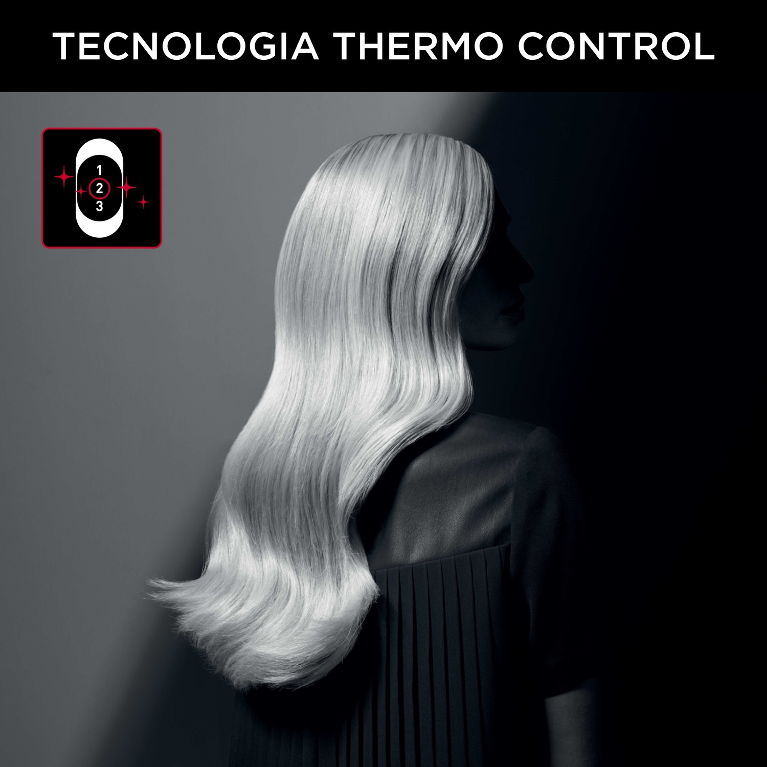 Donna con lunghi capelli lisci e argentati. Indossa un vestito nero e lo sfondo è scuro. Testo "Tecnologia Thermo Control" in alto.