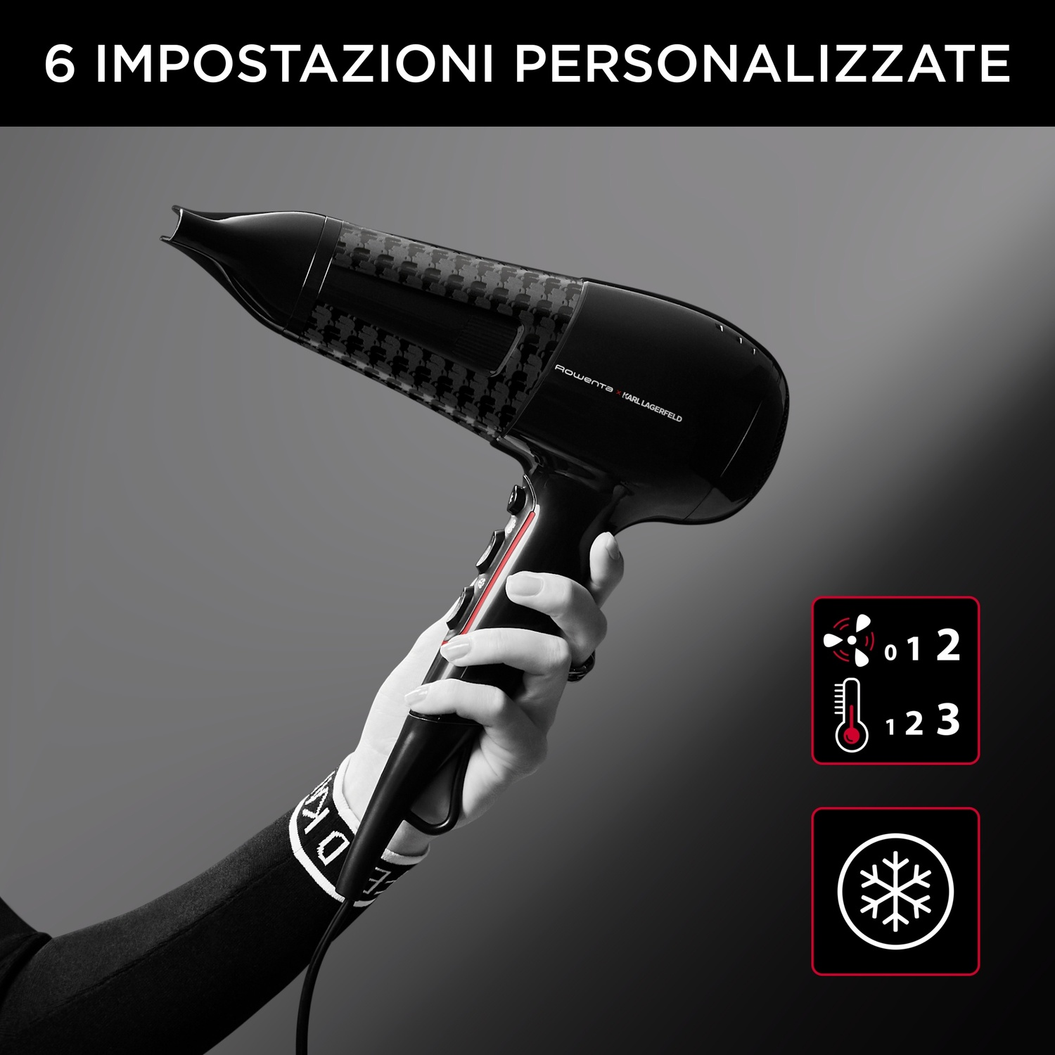 Una mano tiene un asciugacapelli nero e rosso. Le icone mostrano velocità ventola, livelli calore e simbolo fiocco di neve.
