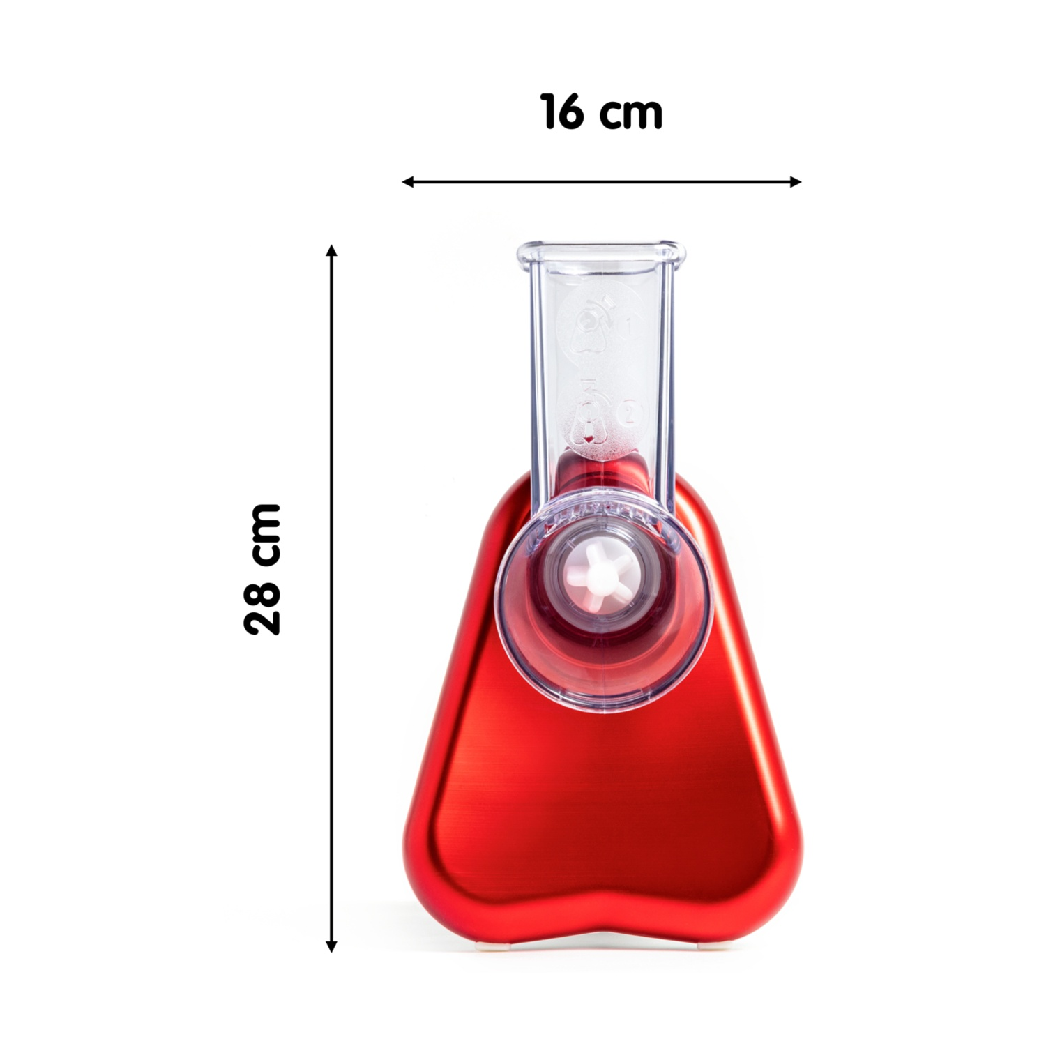 Un elettrodomestico da cucina rosso con la parte superiore trasparente. Dimensioni: 28 cm altezza, 16 cm larghezza. Sfondo bianco.