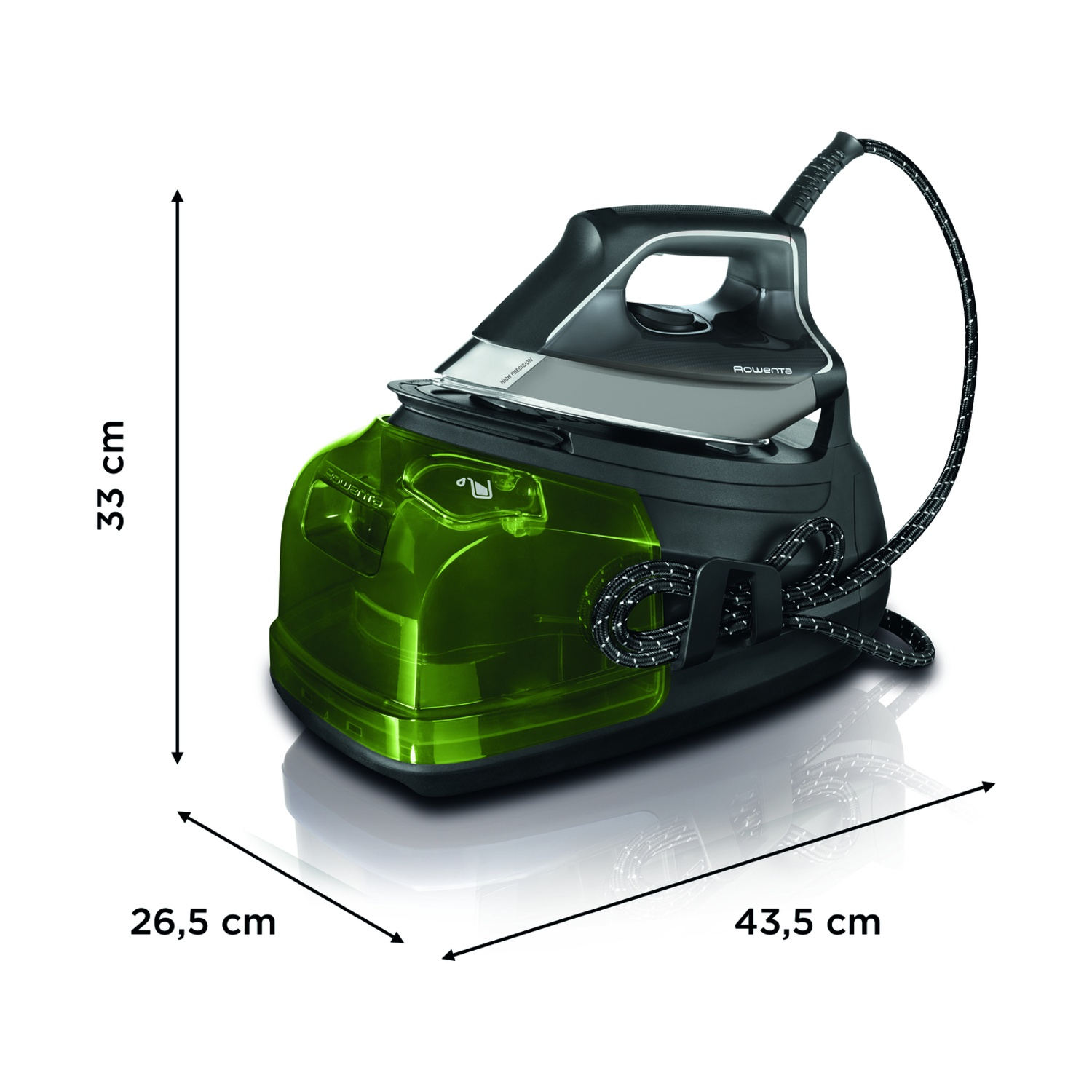 Un ferro da stiro a vapore Rowenta nero e verde con dimensioni indicate. Ha un serbatoio dell'acqua e un cavo. Le dimensioni sono 33 cm, 26,5 cm e 43,5 cm.