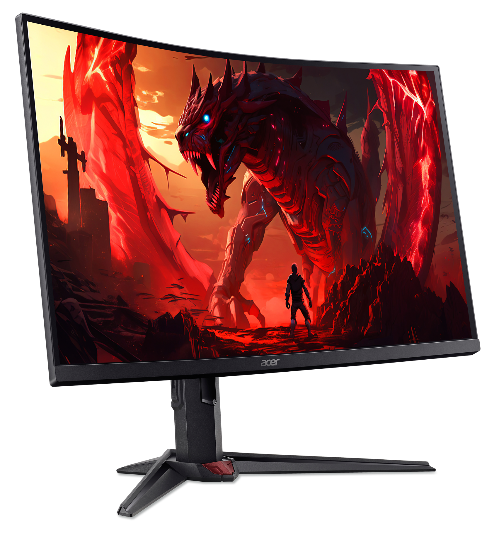 Monitor Acer wyświetla czerwonego smoka, postać i strukturę na tle ognia. Monitor ma czarną ramkę.