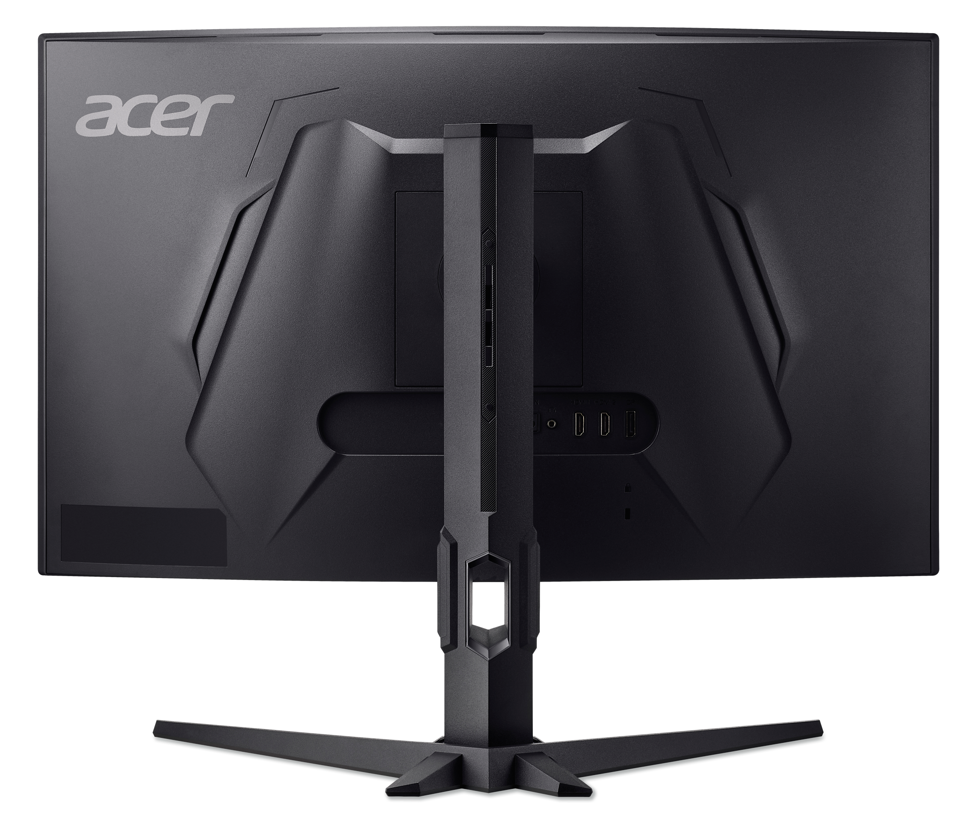 Widok z tyłu czarnego monitora Acer. Posiada podstawę i różne porty. Logo Acer jest widoczne na górze.
