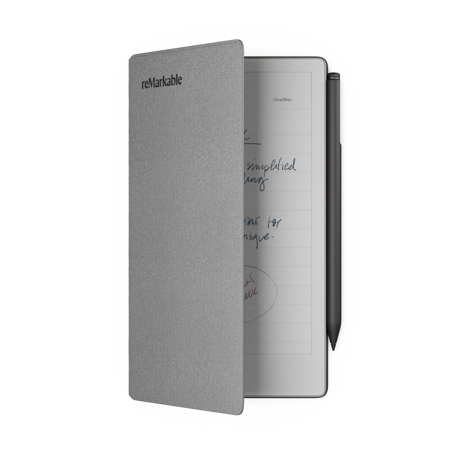 A grey reMarkable tablet with a pen. The cover is open, revealing handwritten notes. The tablet is on a white background.