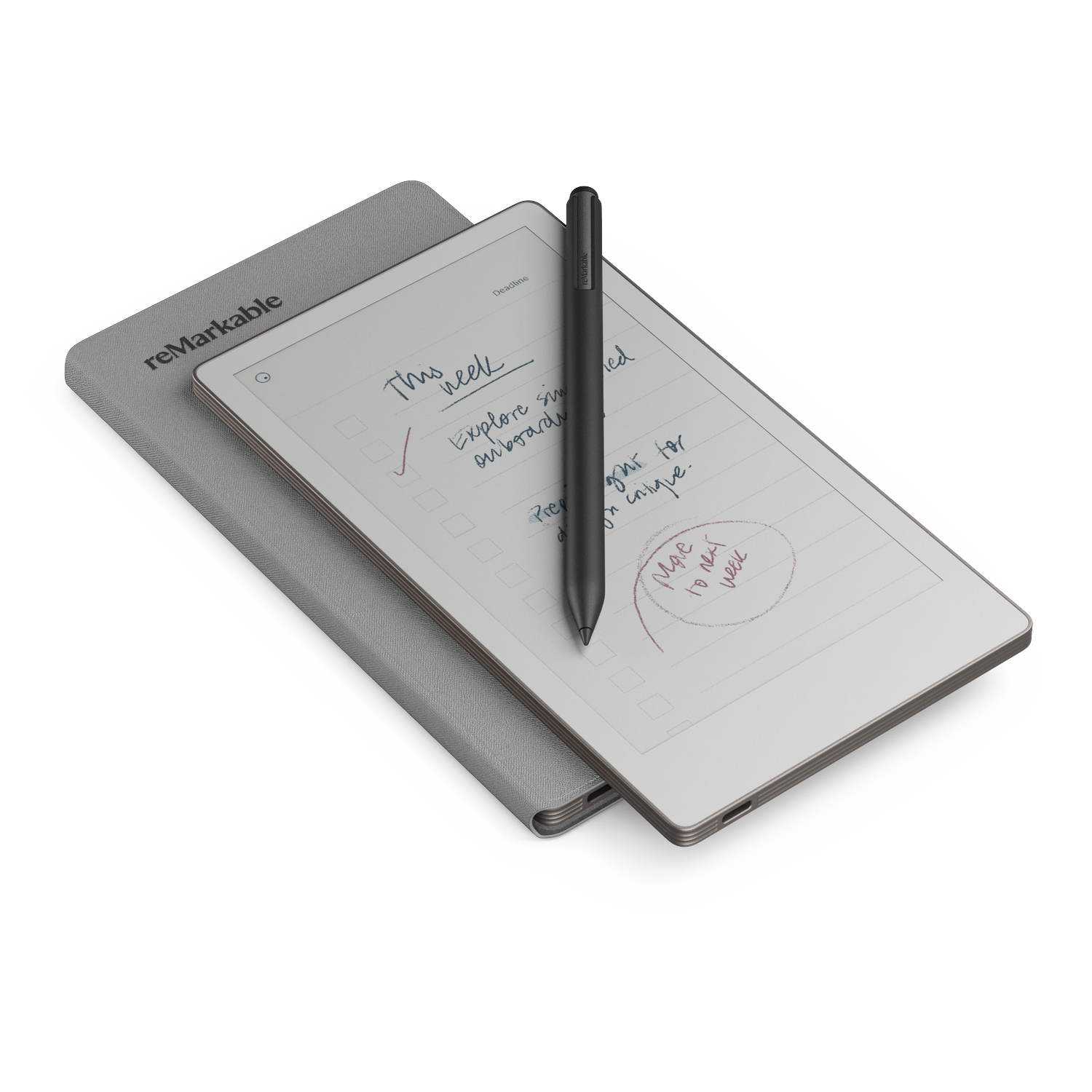 A Remarkable tablet with a stylus. The screen shows handwritten notes with checkmarks. A grey tablet cover is beneath it.