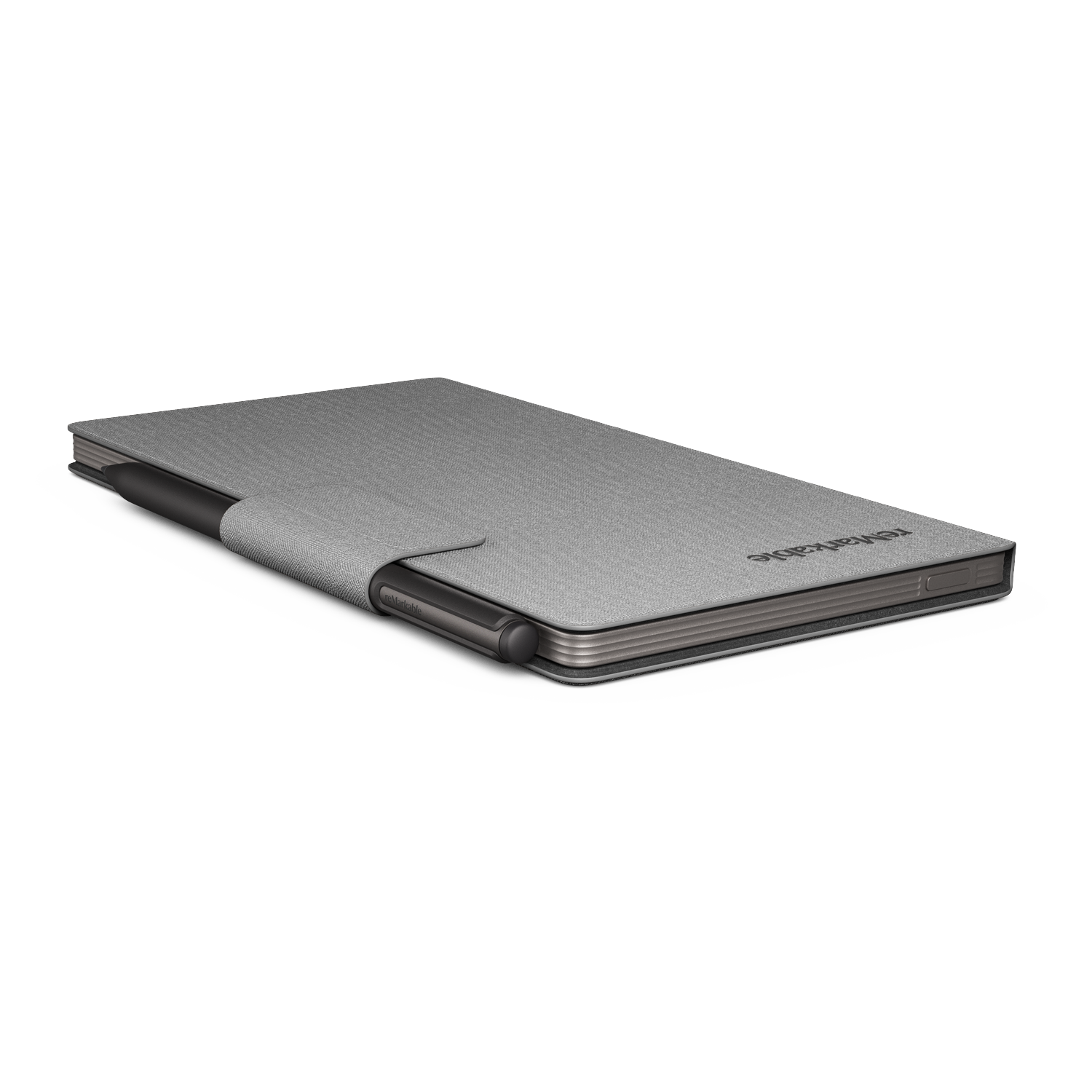 A gray reMarkable tablet with a pen attached. The tablet is closed, with the reMarkable logo visible. The background is white.