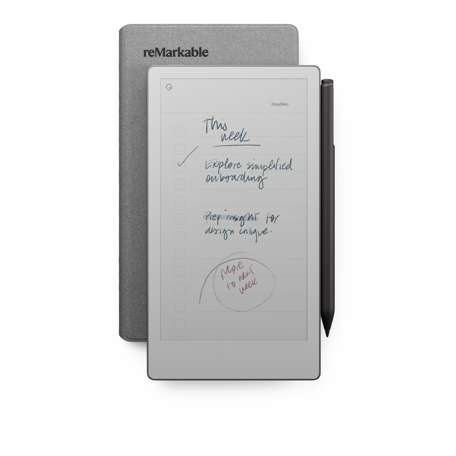 Remarkable tablet with handwritten notes, a checkmark, and a circled phrase. A stylus rests on the side. The tablet is in a gray case.