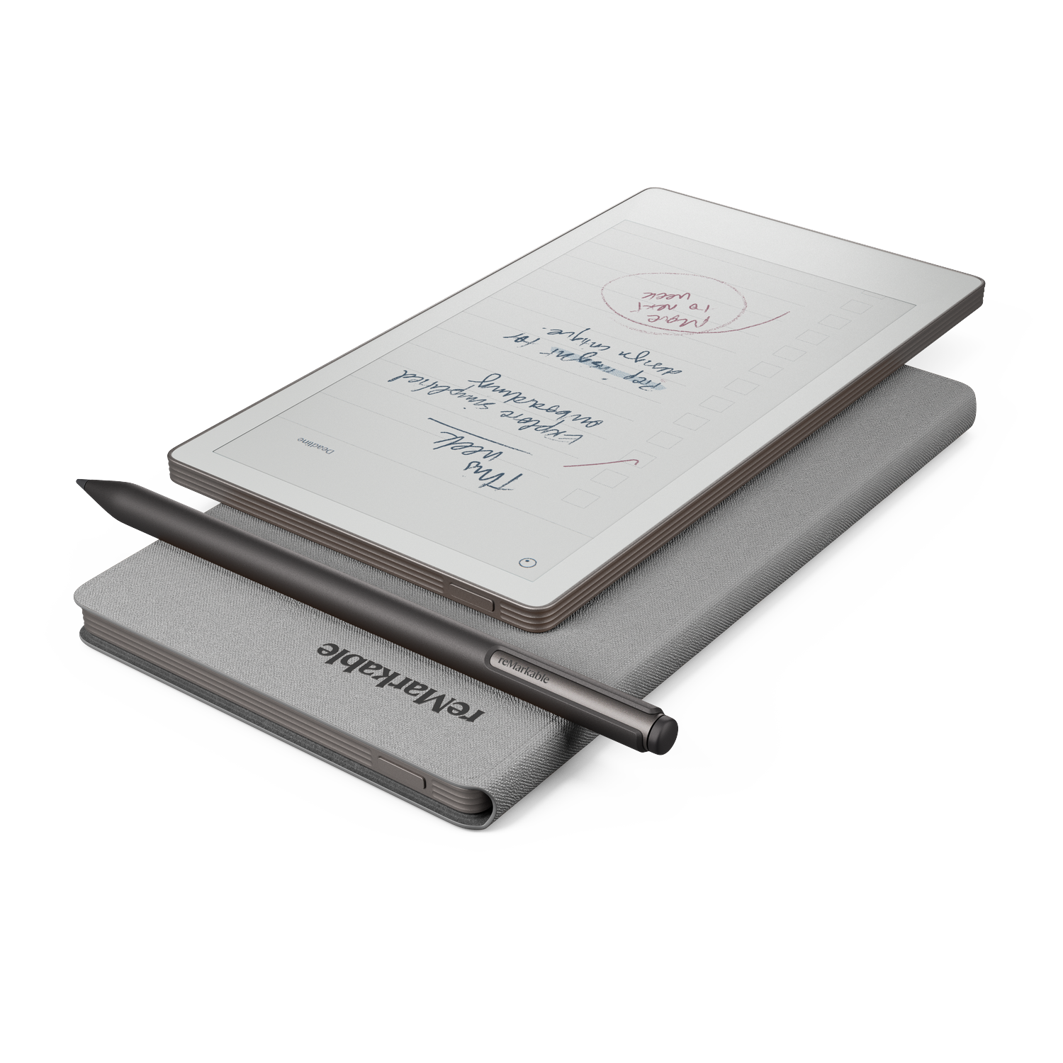 A gray tablet with handwritten notes and a stylus. It rests on a gray case, with the brand name 'reMarkable'.