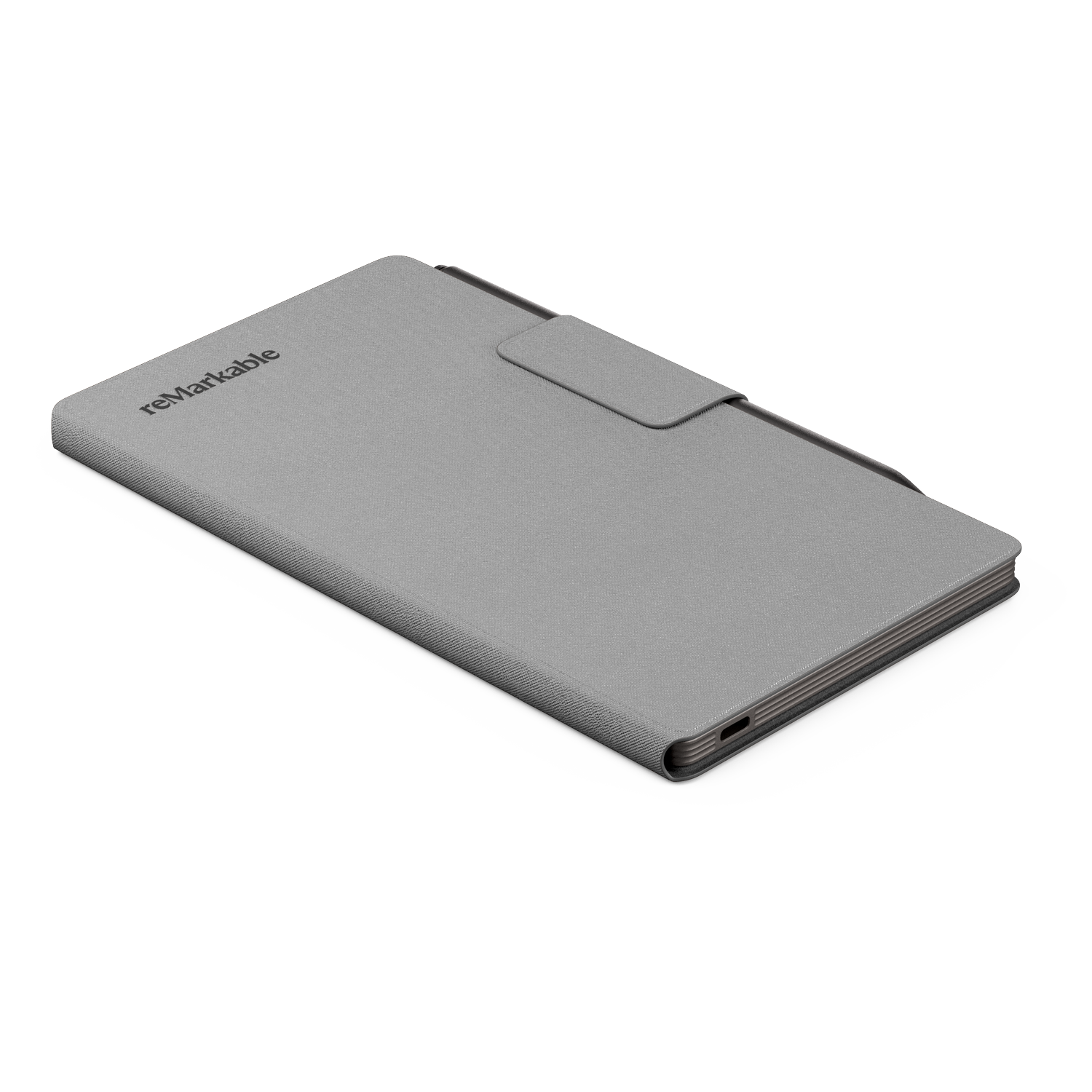 A gray Remarkable tablet case lies on a white surface. The case has a magnetic flap and the Remarkable logo.