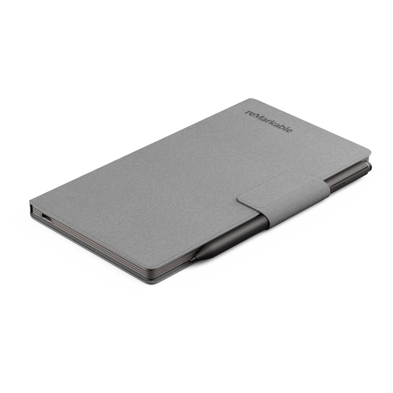 A gray tablet with a stylus. The tablet is closed with a magnetic cover. The brand name 'reMarkable' is visible.