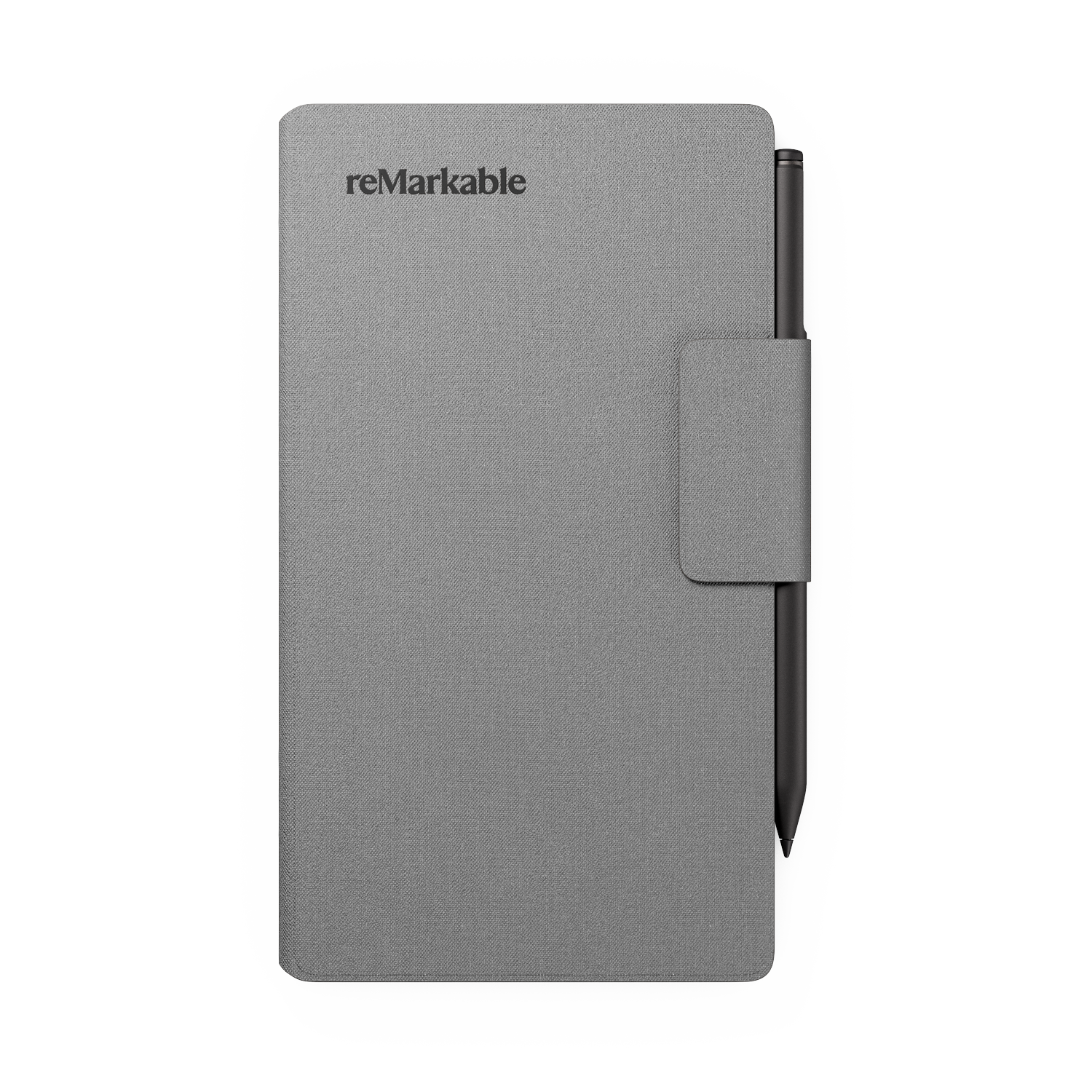A grey reMarkable tablet case with a black stylus is shown on a white background.