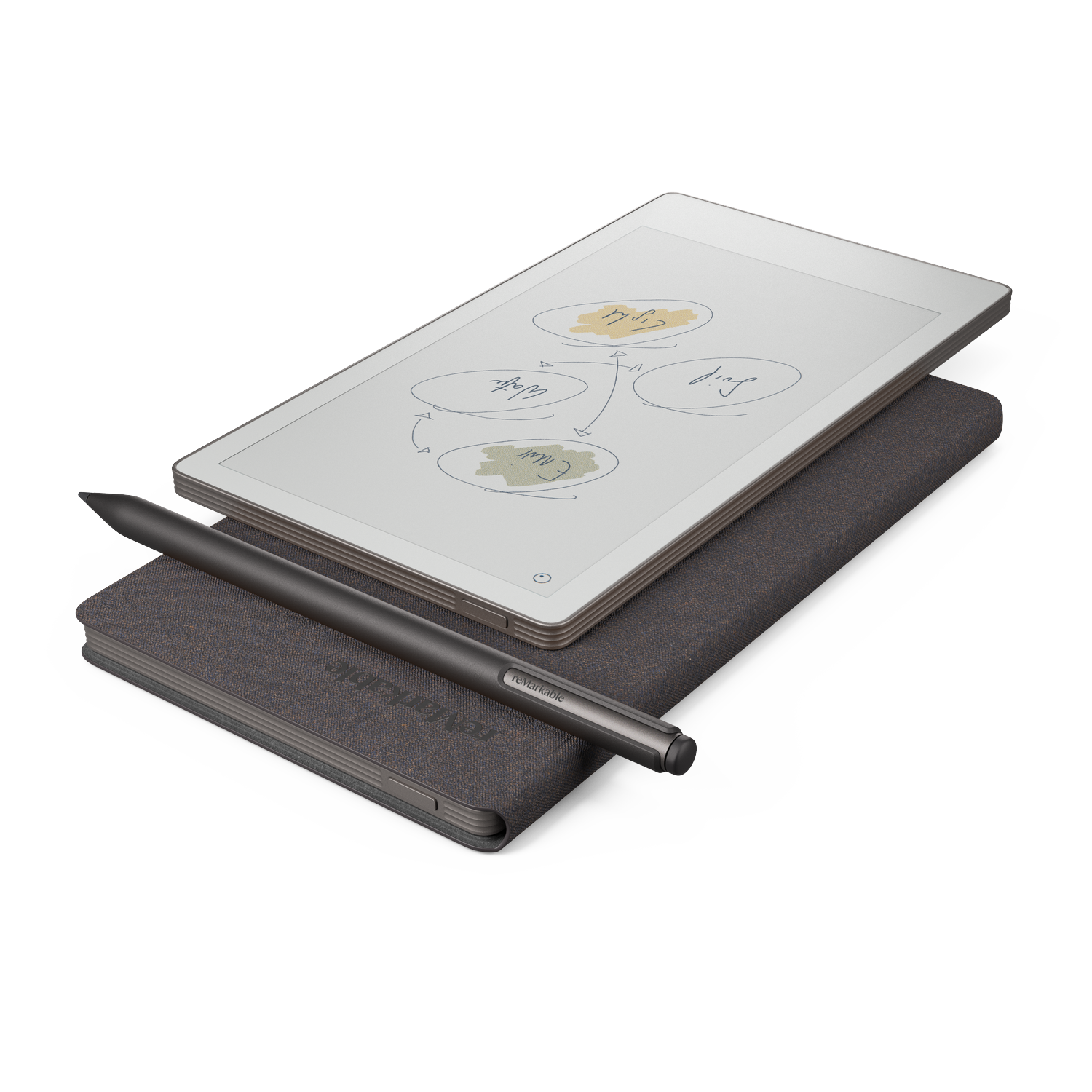 A tablet with a stylus, resting on a case. The tablet displays a diagram. The stylus and case are dark gray.