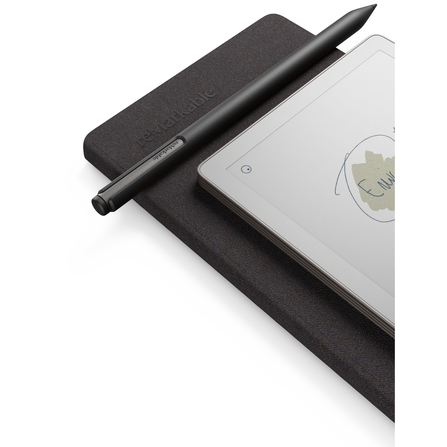 A black stylus on top of a tablet and a dark brown notebook. The tablet shows a handwritten note. All on a white background.