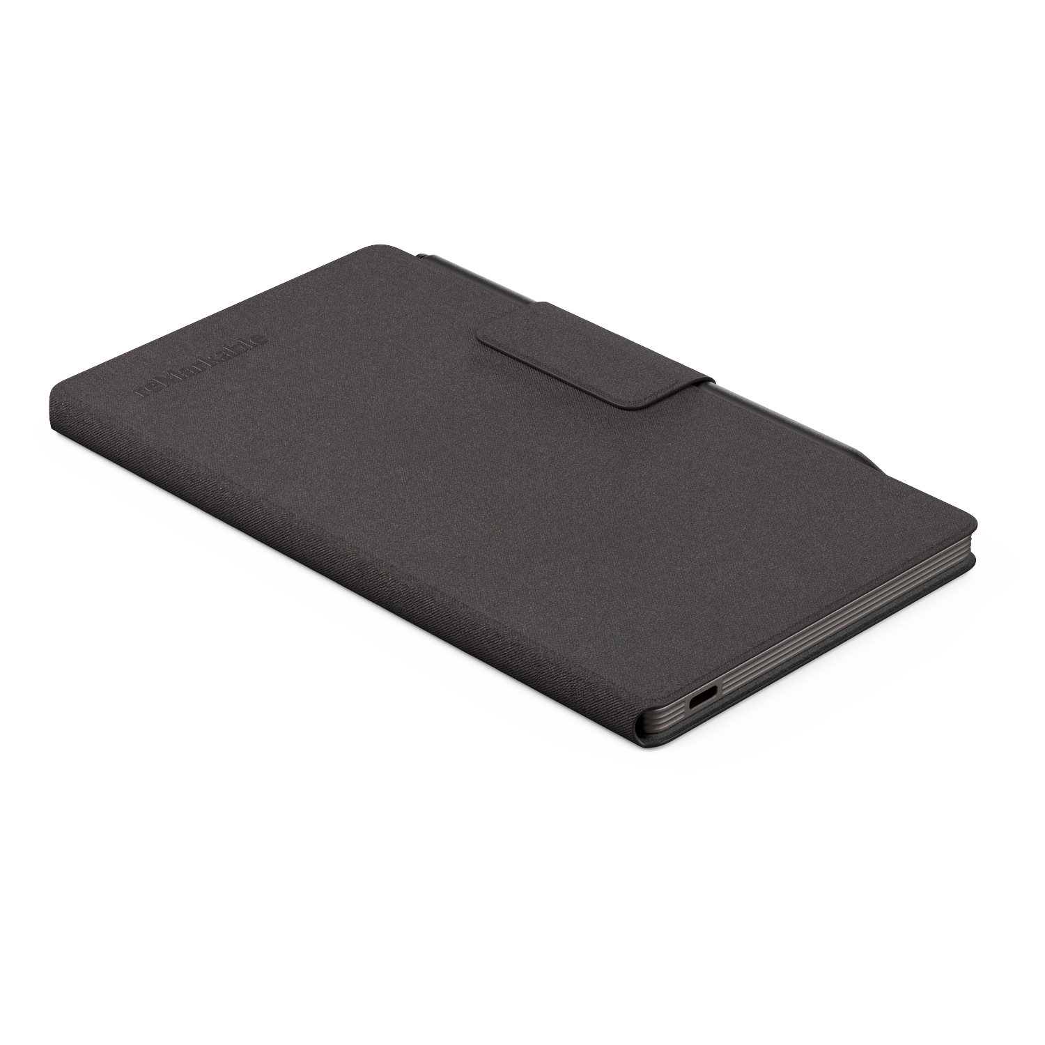 A dark gray Remarkable tablet case on a white background. It has a magnetic flap and the brand name is printed on it.