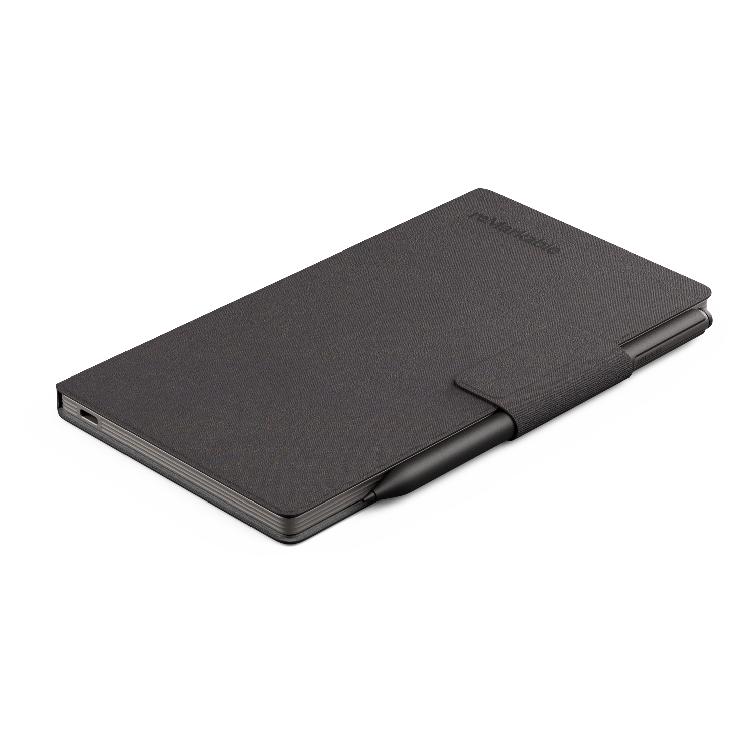A gray Remarkable tablet with a stylus rests on a white surface. The tablet has a dark cover with a pen loop.