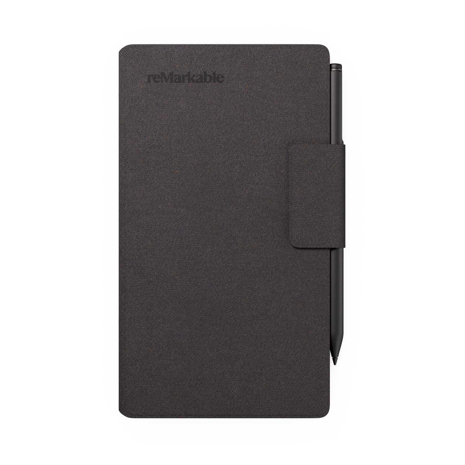 A dark gray reMarkable tablet with a black stylus. The tablet cover has a fabric texture and a pen holder.