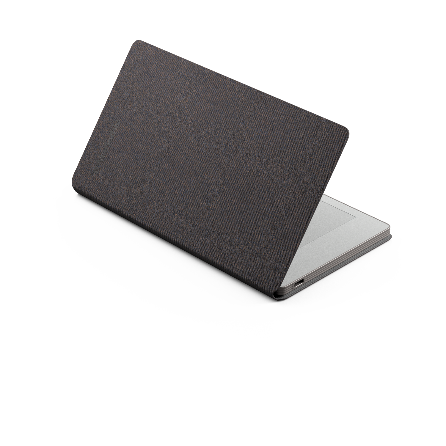 A laptop with a dark brown cover is slightly open, showing a silver keyboard. The background is white.