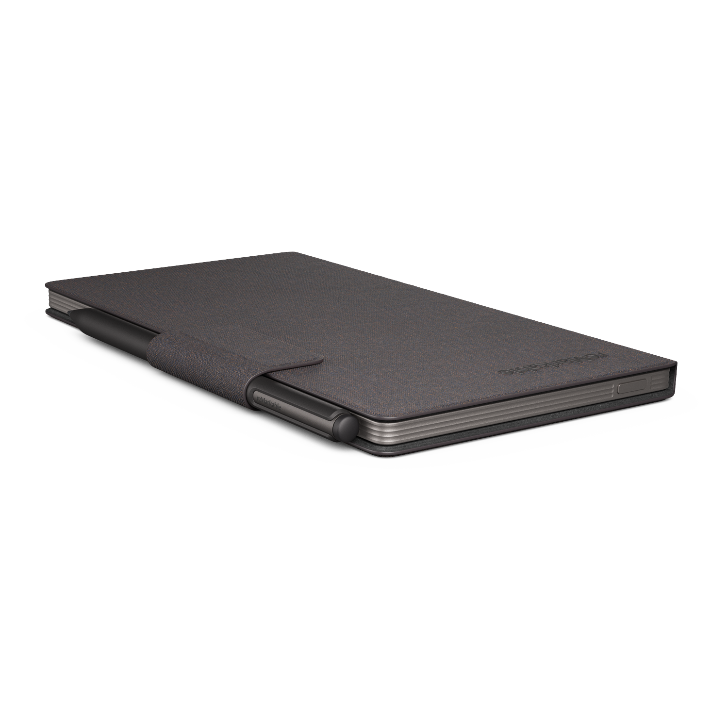 A dark gray tablet with a pen is lying on a white background. The tablet has a cover and a pen inserted on the side.
