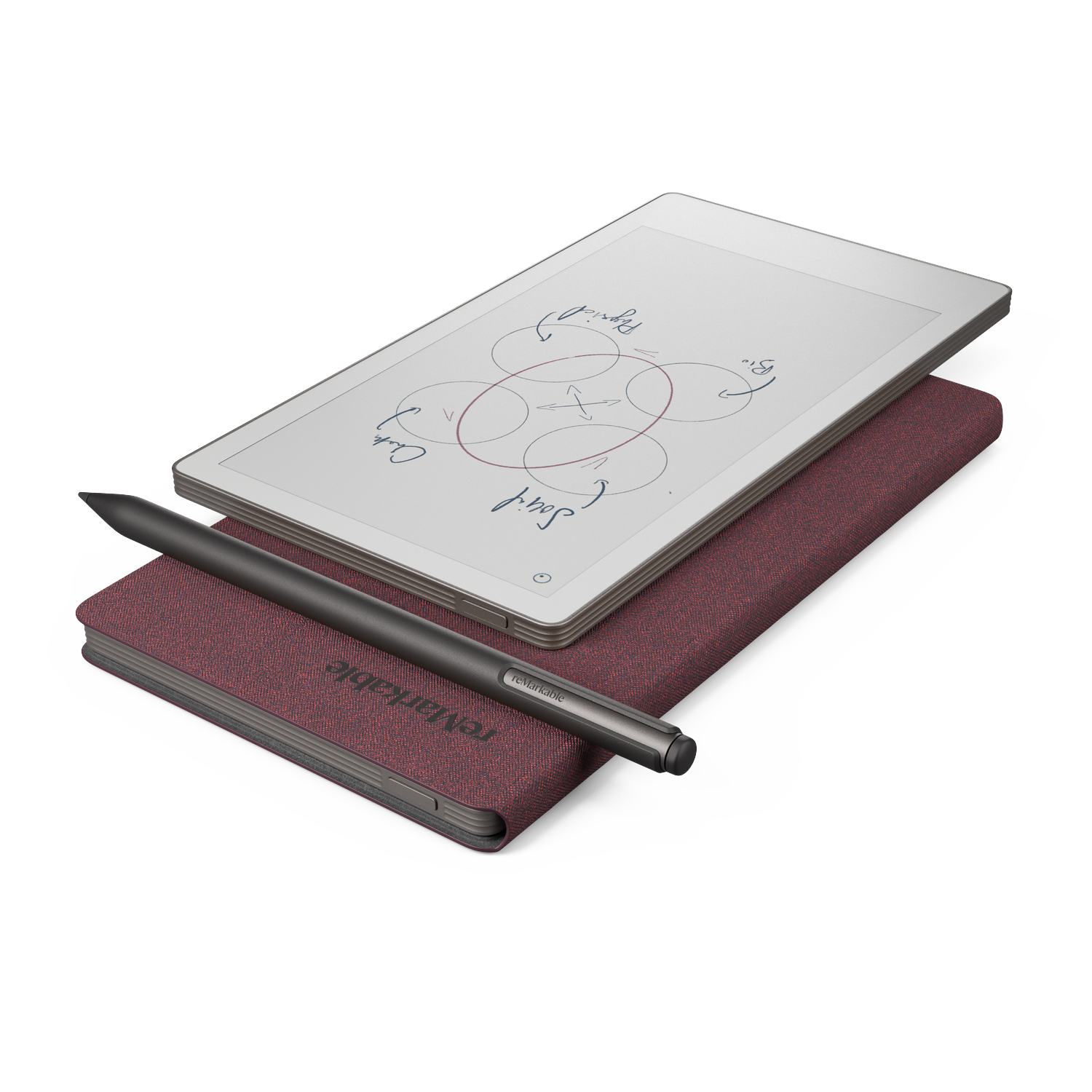 A digital tablet with a diagram on the screen, resting on a red textured cover. A stylus pen lies across the cover.