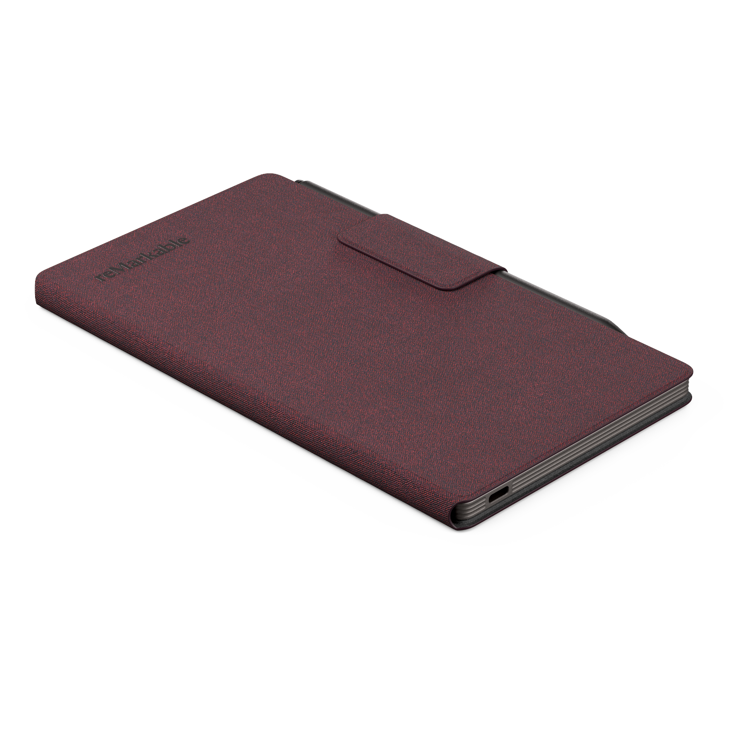 A maroon tablet case with a magnetic flap. The case is lying on a white surface, with the word 'remarkable' on it.