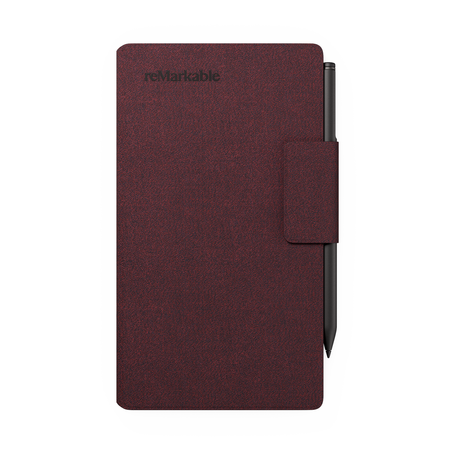 A maroon Remarkable tablet cover with a black stylus. The cover has a pocket for the stylus. The background is white.