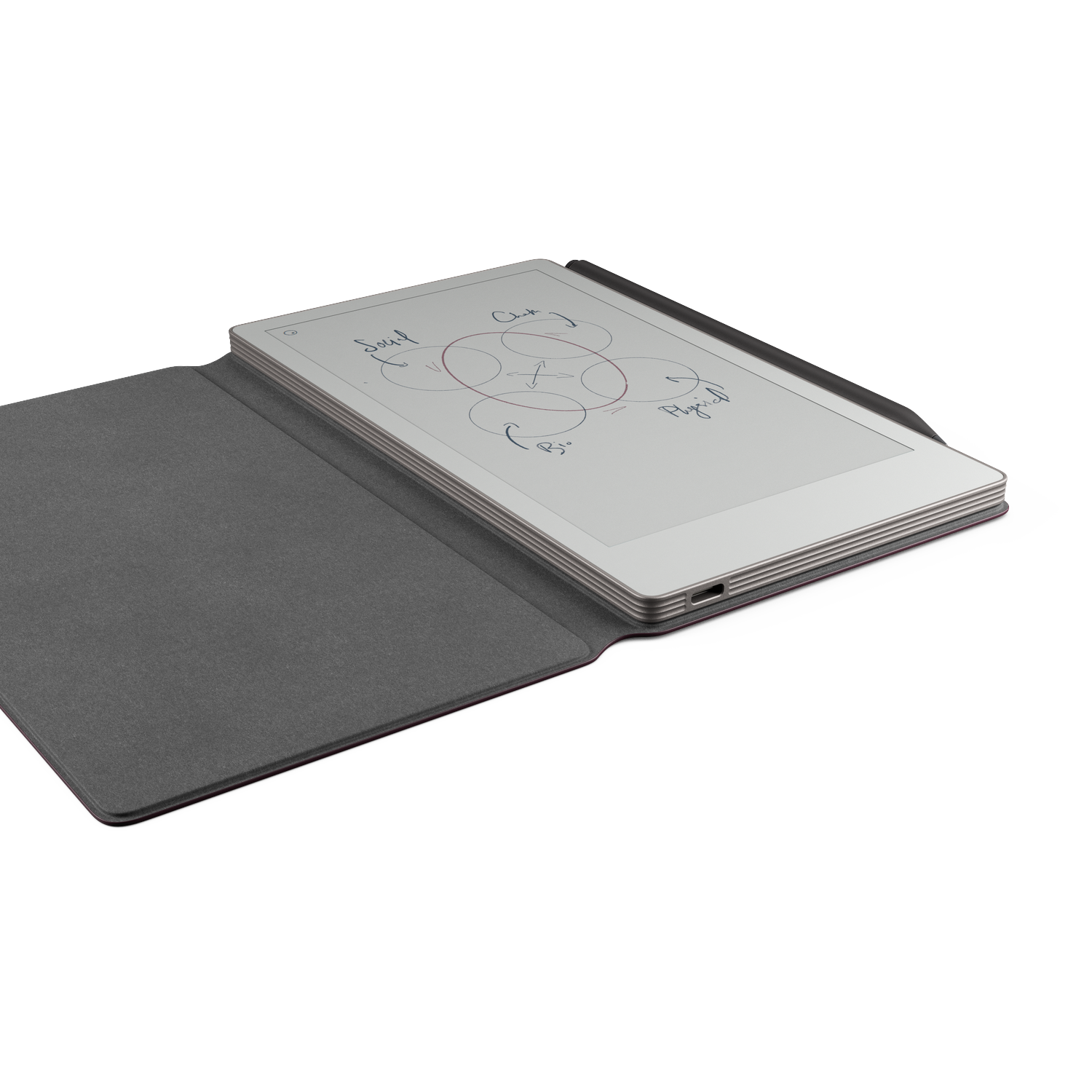 An open tablet with a dark gray cover, displaying a diagram of interconnected circles. A stylus rests on top, white background.