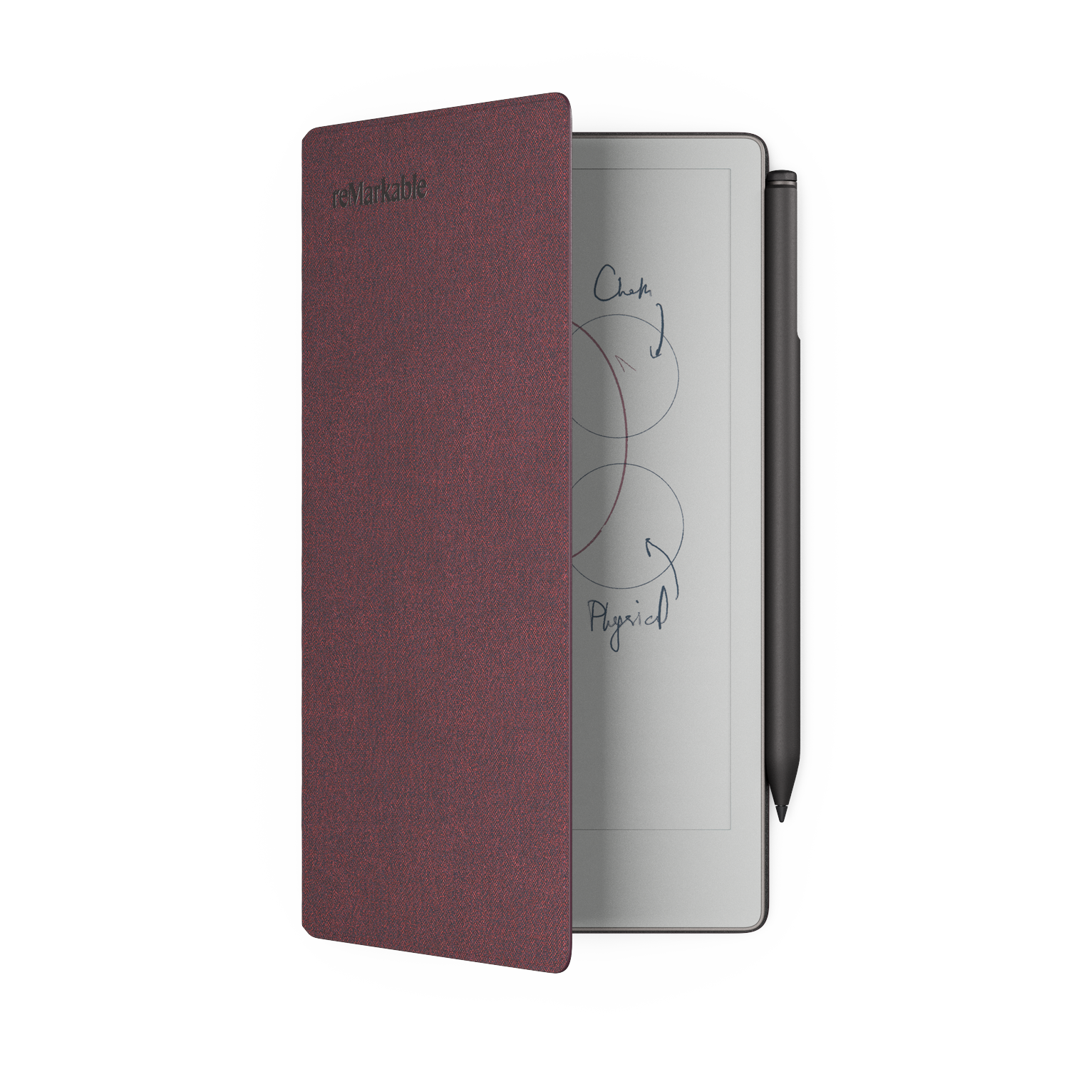 A reMarkable tablet with a stylus. The cover is open, revealing the screen with handwritten notes and diagrams. The cover is burgundy.
