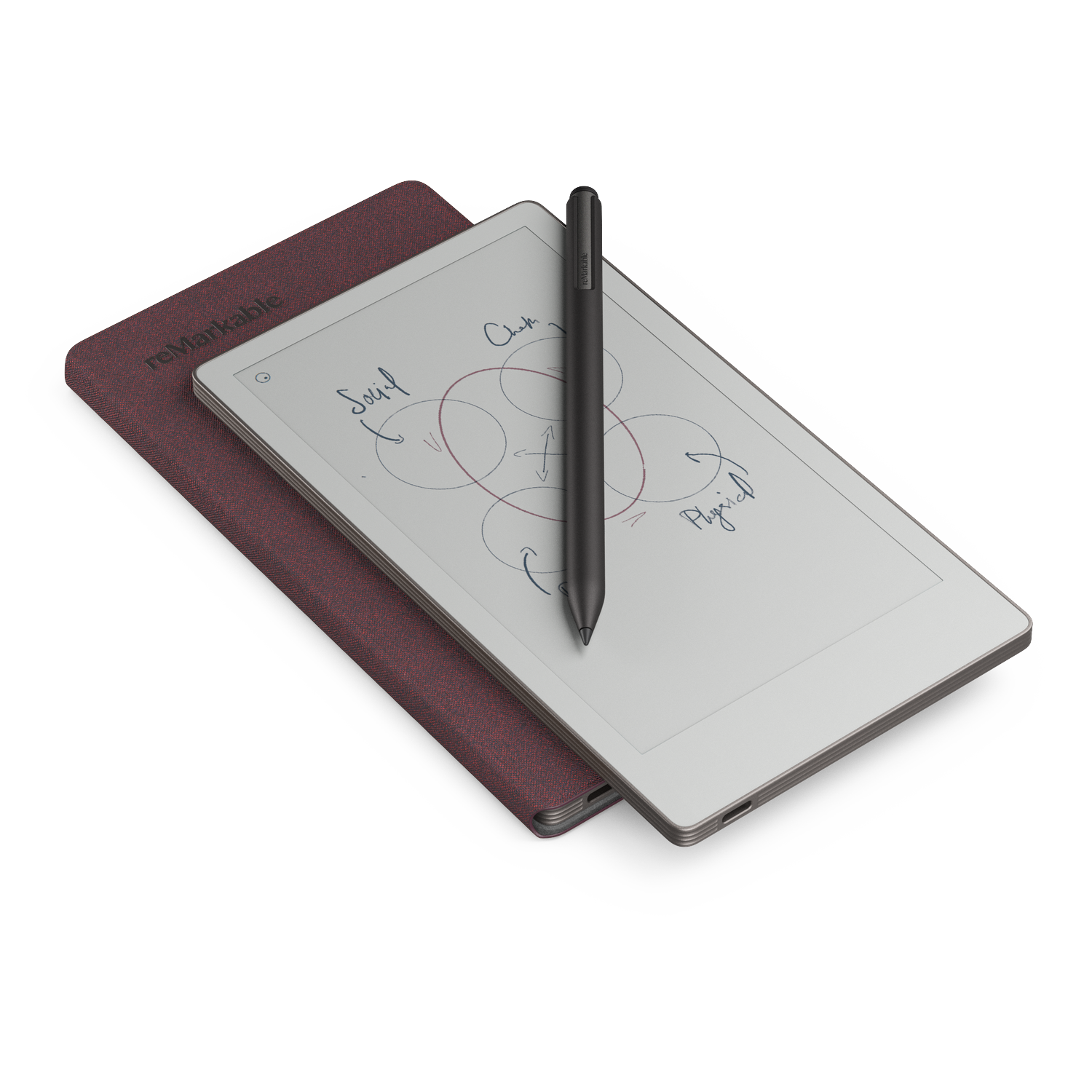 A tablet with a stylus on top of a burgundy cover. The tablet shows a diagram with handwritten notes. White background.