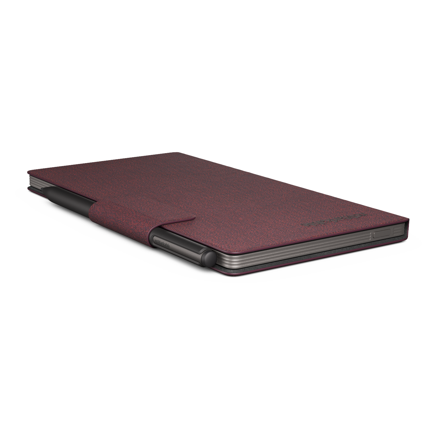 A maroon digital tablet with a stylus is on a white surface. The tablet has a textured cover and the stylus is black.